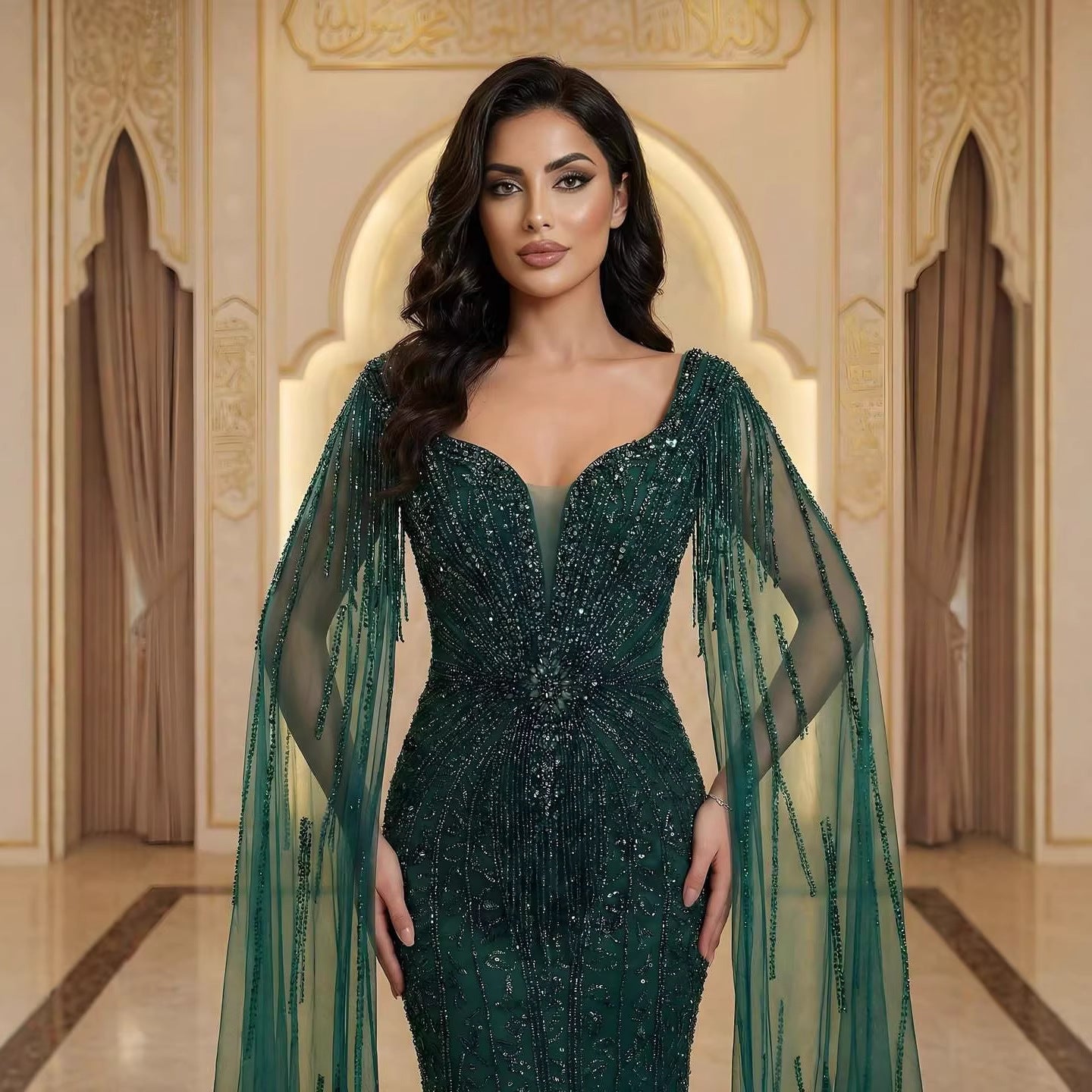 Luxury Caramel Beaded Evening Dress With Cape LA72992A
