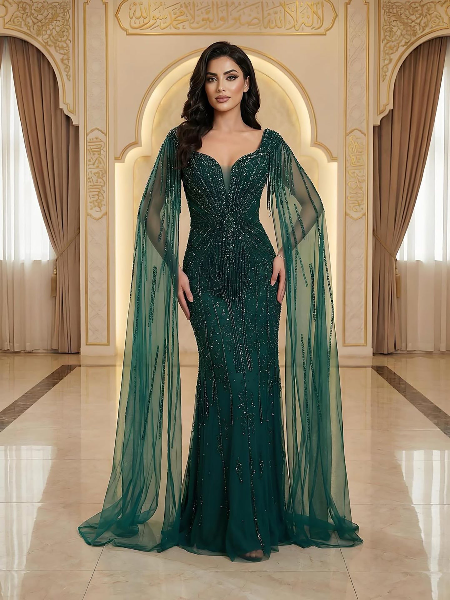 Luxury Caramel Beaded Evening Dress With Cape LA72992A