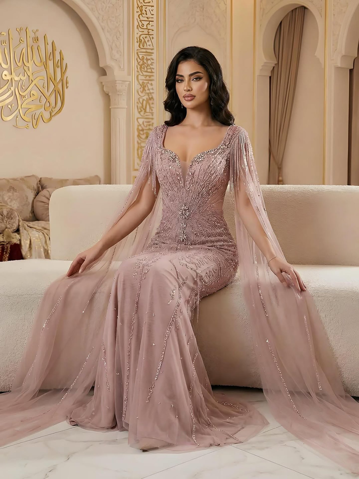 Luxury Caramel Beaded Evening Dress With Cape LA72992A