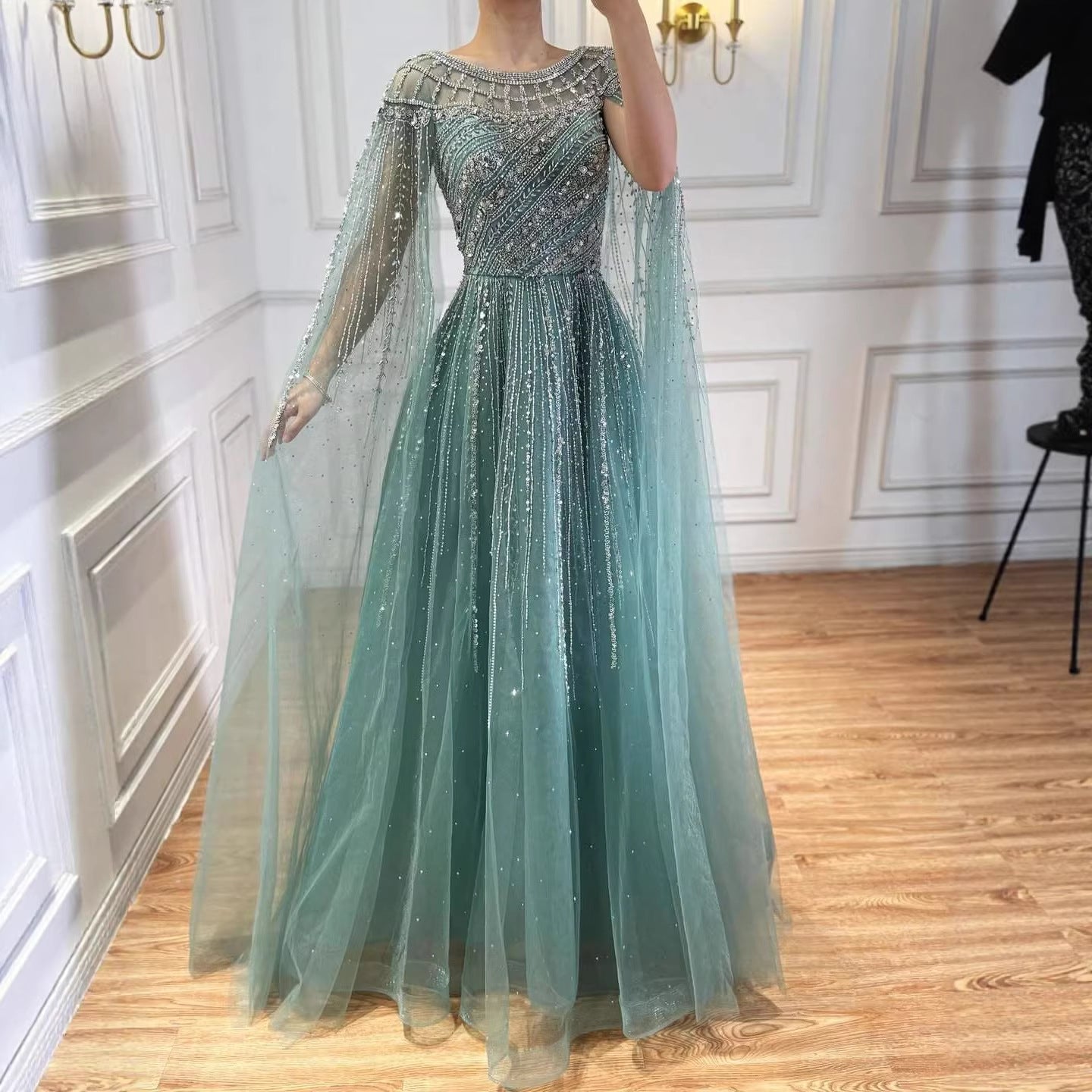 Luxury Caramel Beaded Evening Dress with Cape LA72994 - SERENE HILL