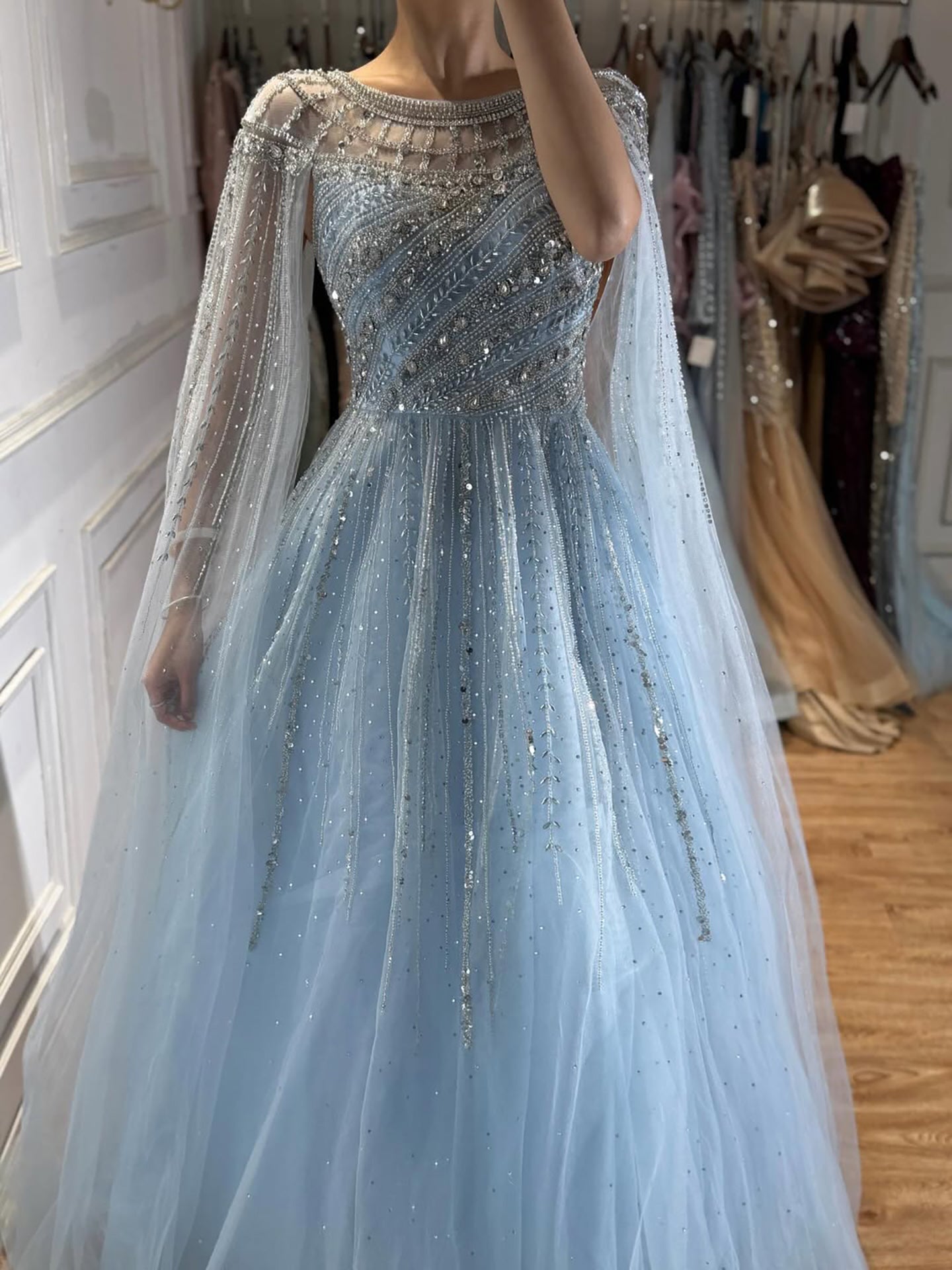 Luxury Caramel Beaded Evening Dress with Cape LA72994