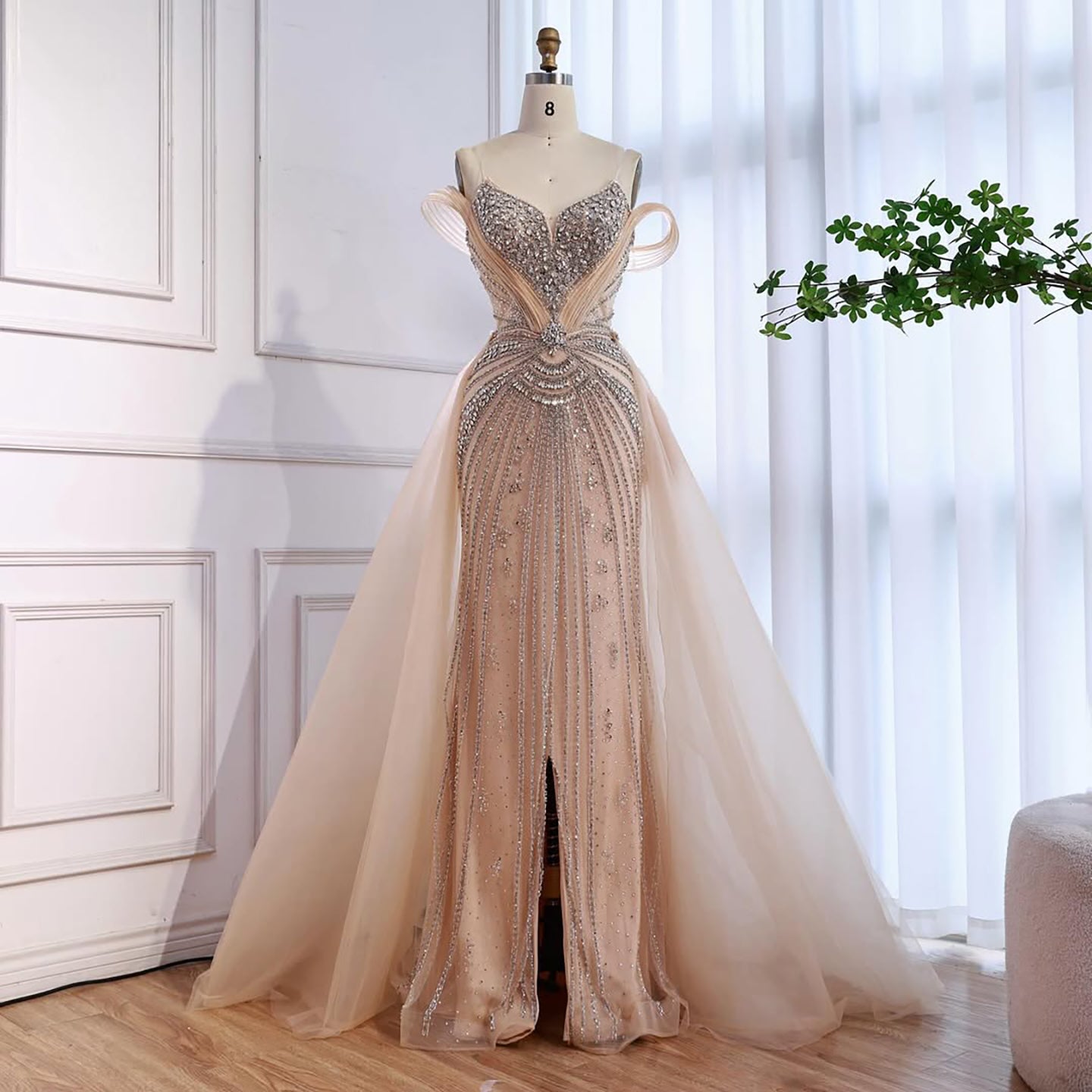 Luxury Nude Beaded Mermaid Evening Dress with Overskirt and Slit LA73034 - SERENE HILL