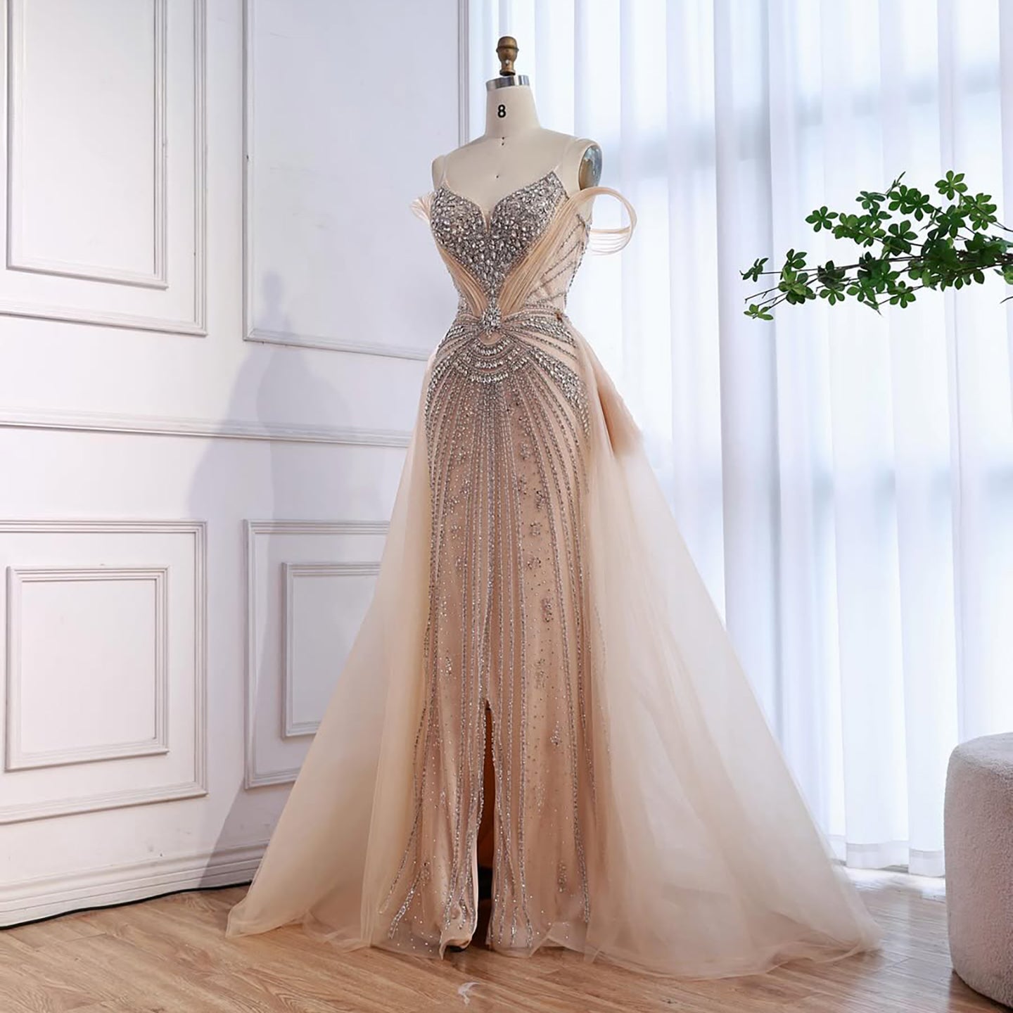 Luxury Nude Beaded Mermaid Evening Dress with Overskirt and Slit LA73034 - SERENE HILL
