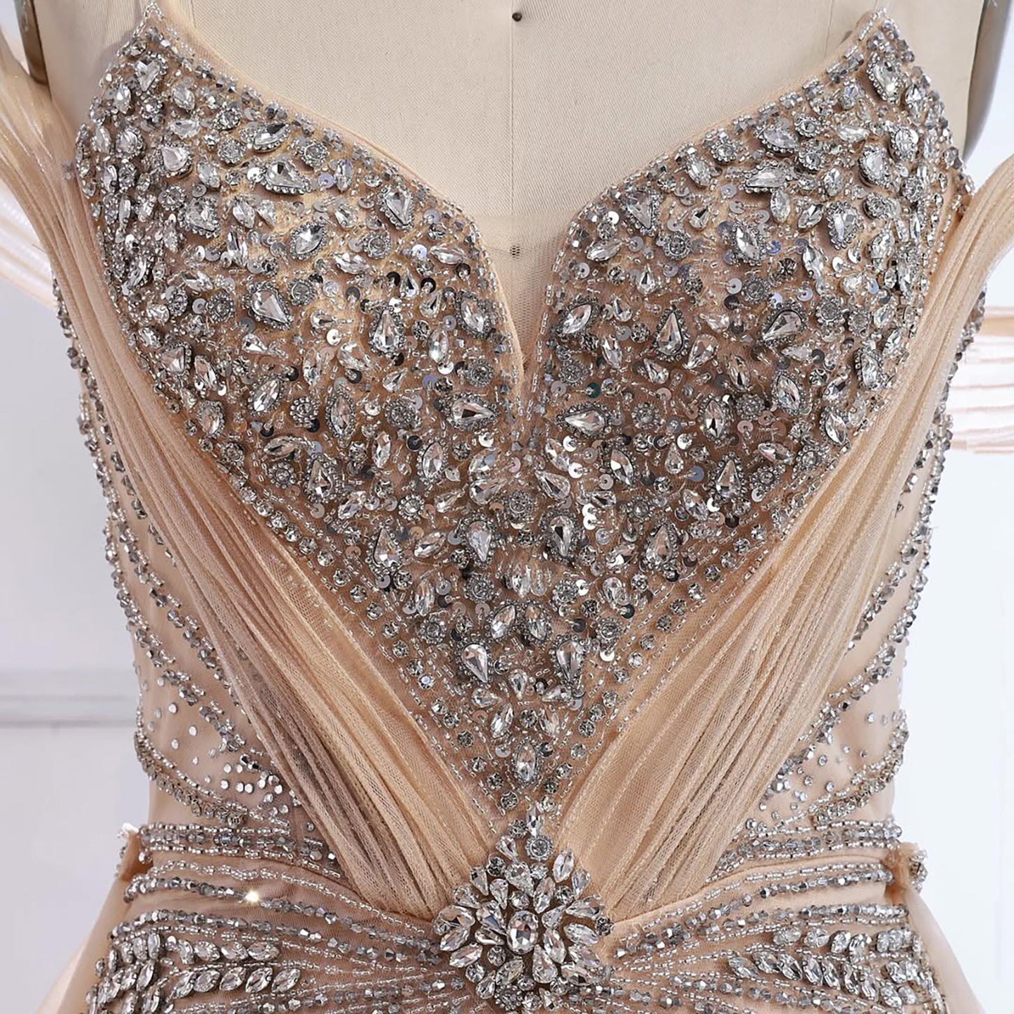 Luxury Nude Beaded Mermaid Evening Dress with Overskirt and Slit LA73034 - SERENE HILL