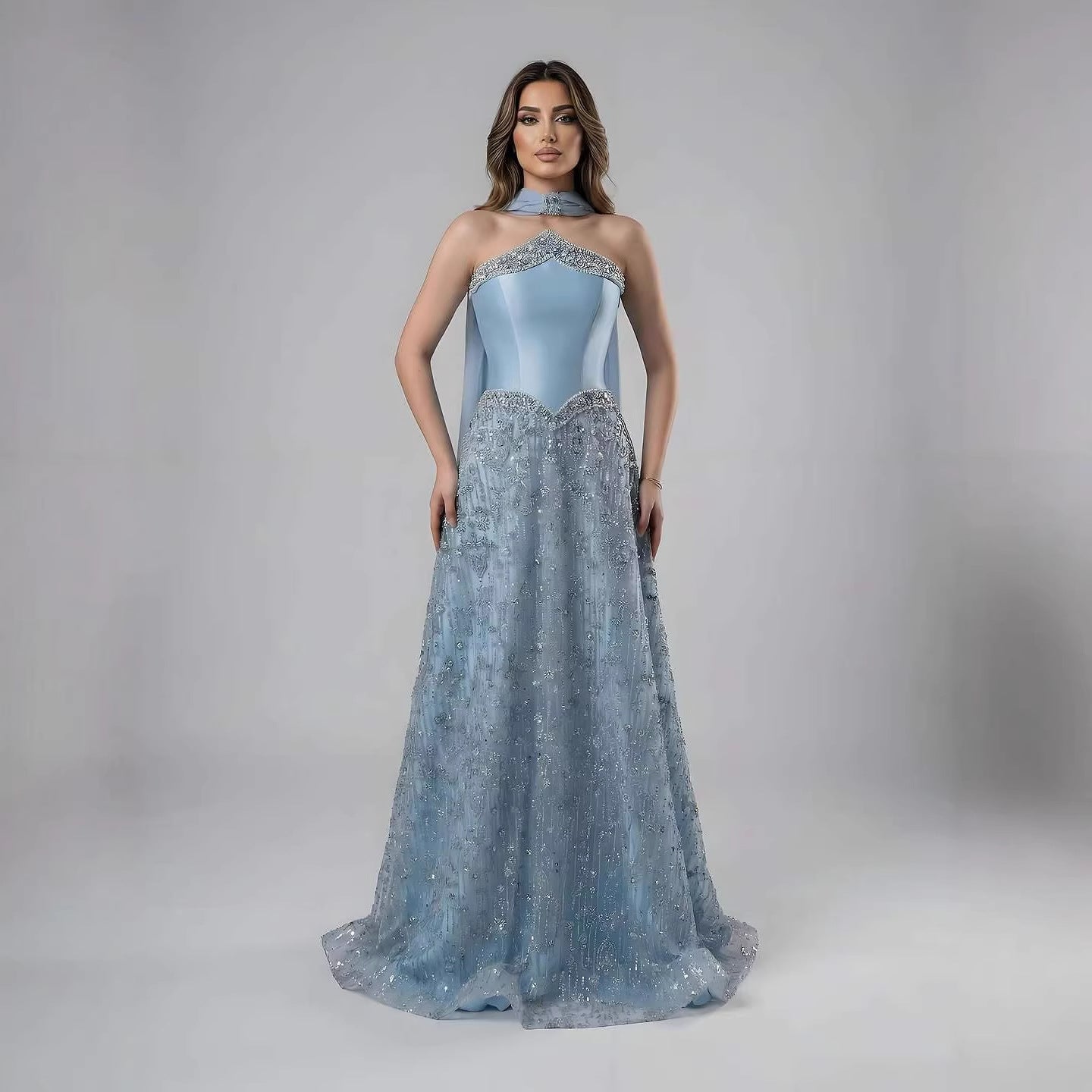 Luxury Arabic Blue Strapless Beaded A-Line Evening Dress with Scarf LA73050F