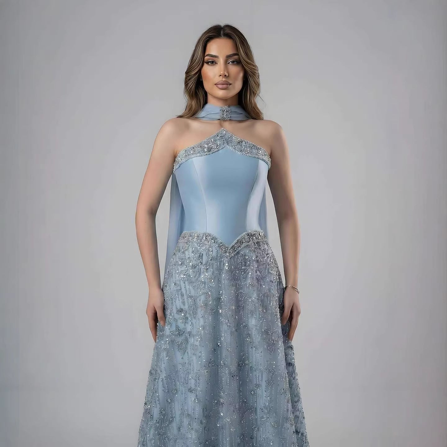 Luxury Arabic Blue Strapless Beaded A-Line Evening Dress with Scarf LA73050F