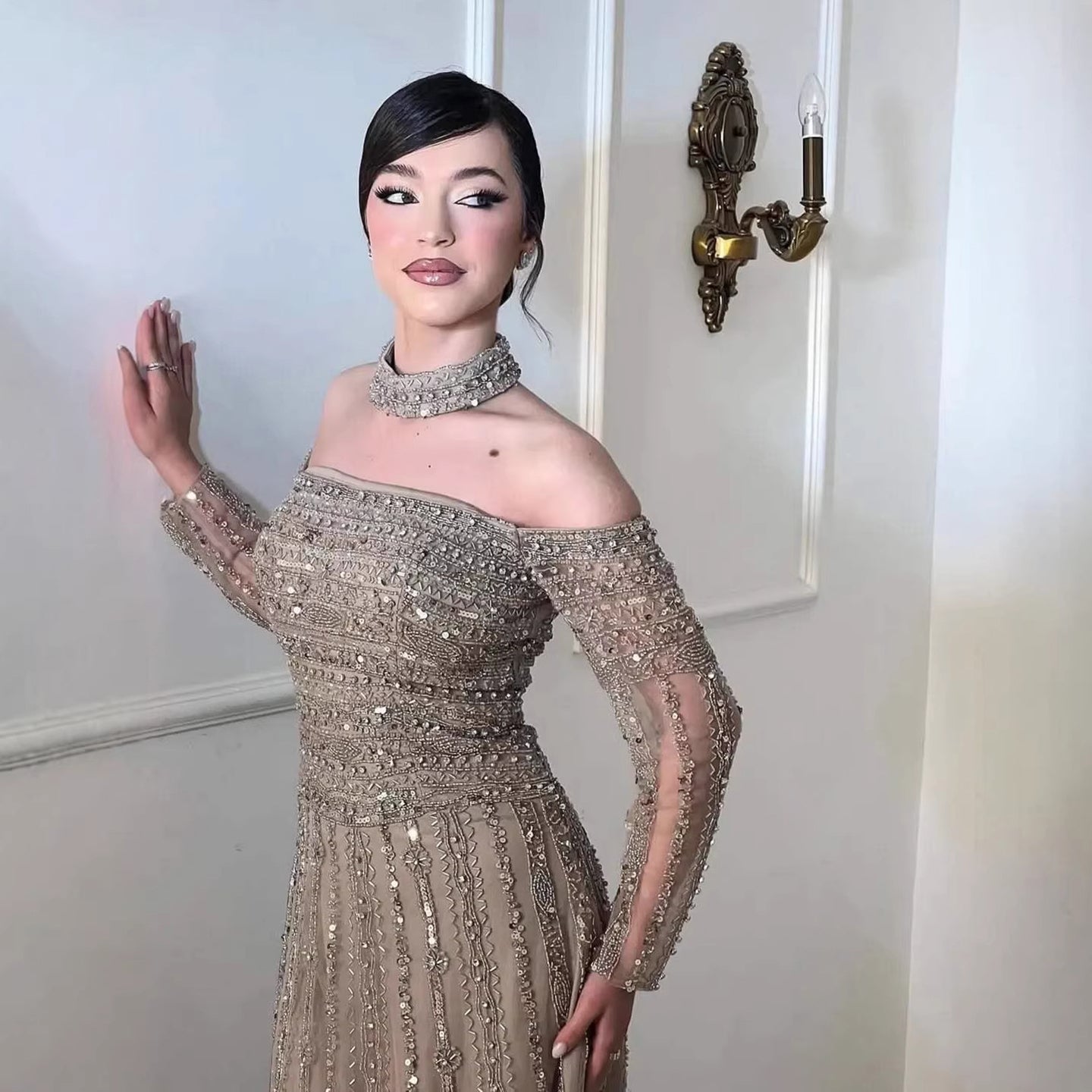 Luxury Caramel Off Shoulder Beaded Mermaid Evening Dress Long Sleeves LA73053 - SERENE HILL