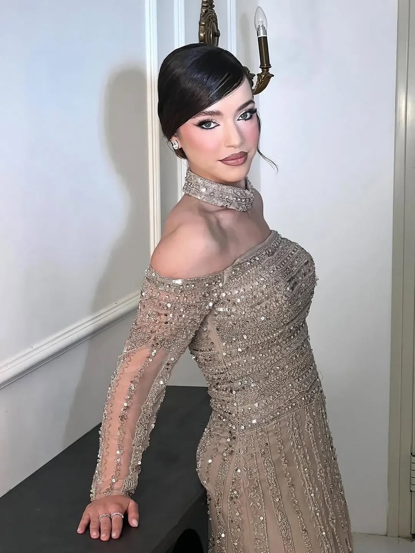 Luxury Caramel Off Shoulder Beaded Mermaid Evening Dress Long Sleeves LA73053 - SERENE HILL