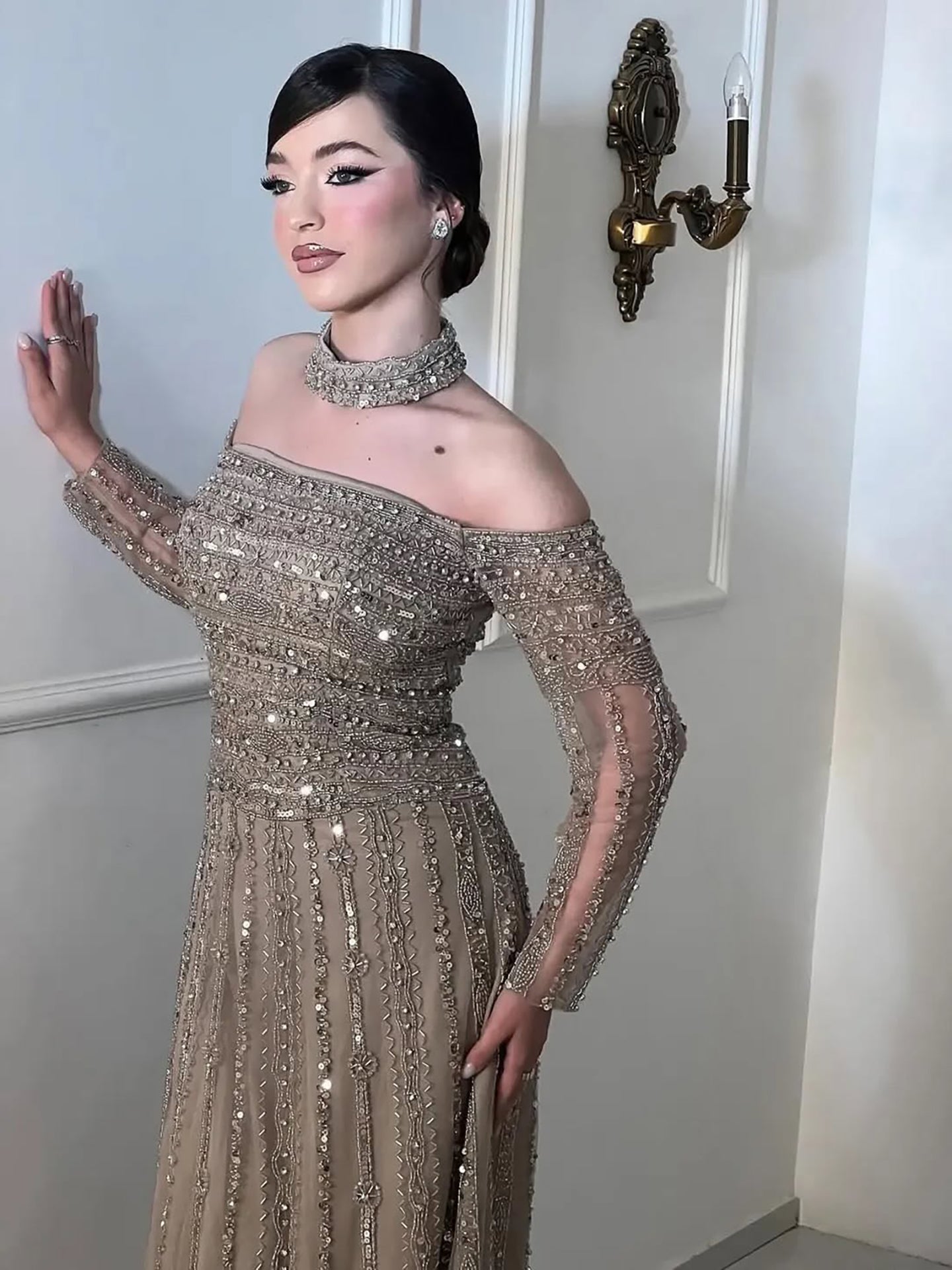 Luxury Caramel Off Shoulder Beaded Mermaid Evening Dress Long Sleeves LA73053 - SERENE HILL