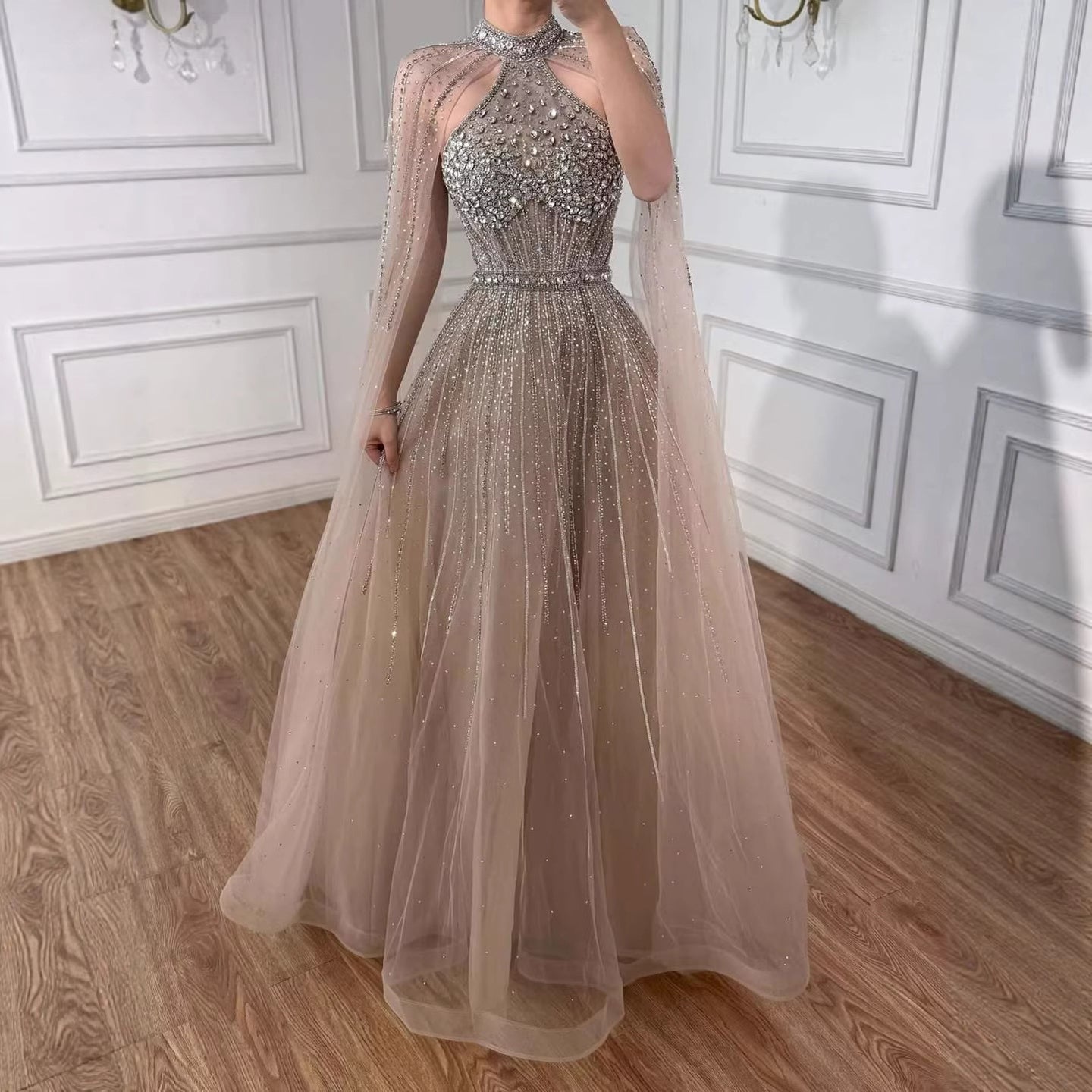 Luxury Beaded A-Line Evening Dress with Cape Sleeves LA73054