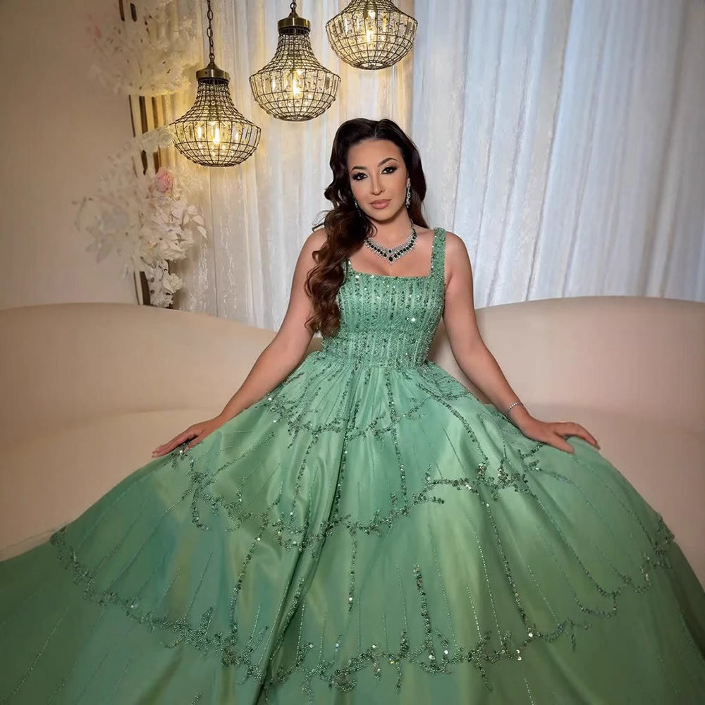 Elegant Sage Green Beaded A-Line Evening Dress LA73064