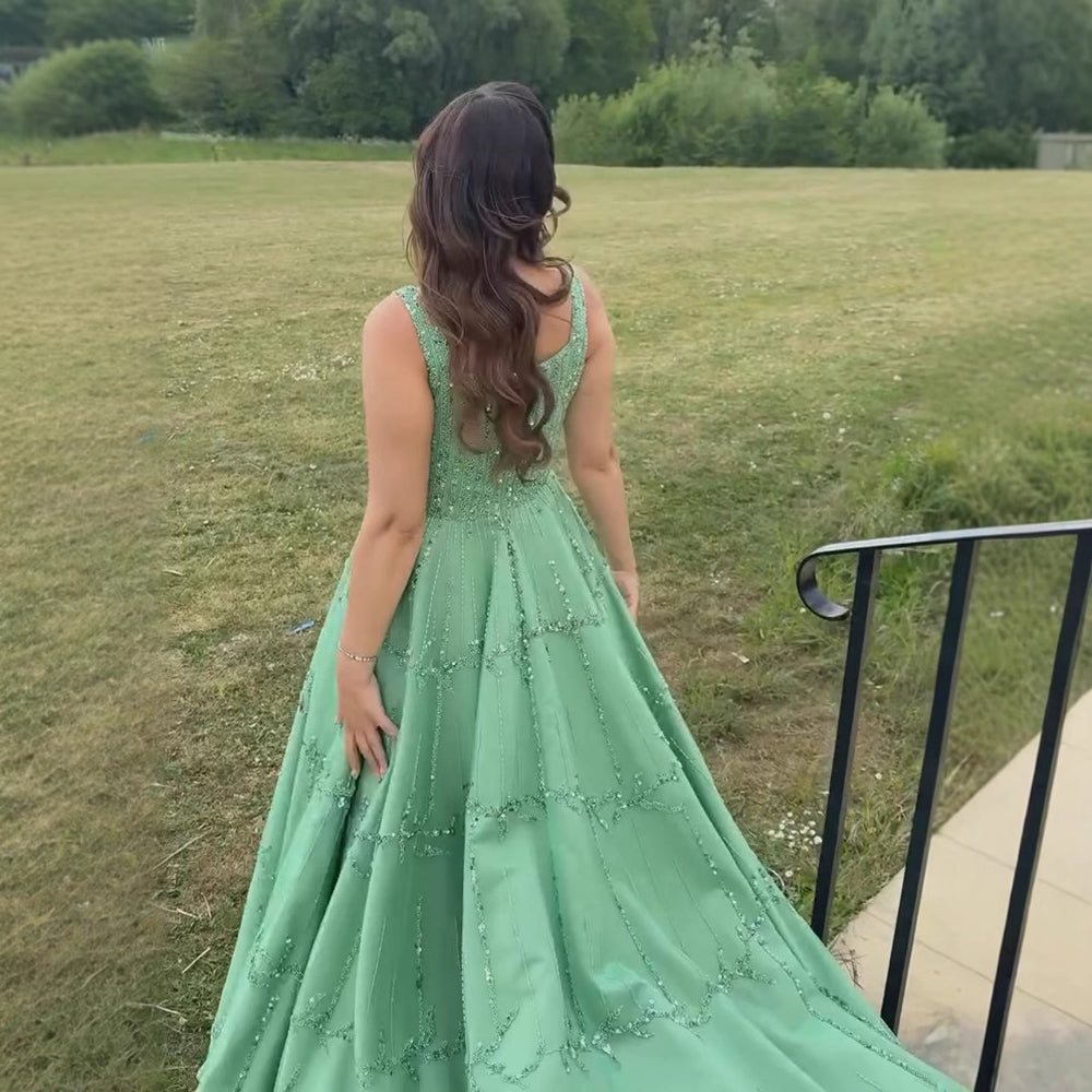Elegant Sage Green Beaded A-Line Evening Dress LA73064