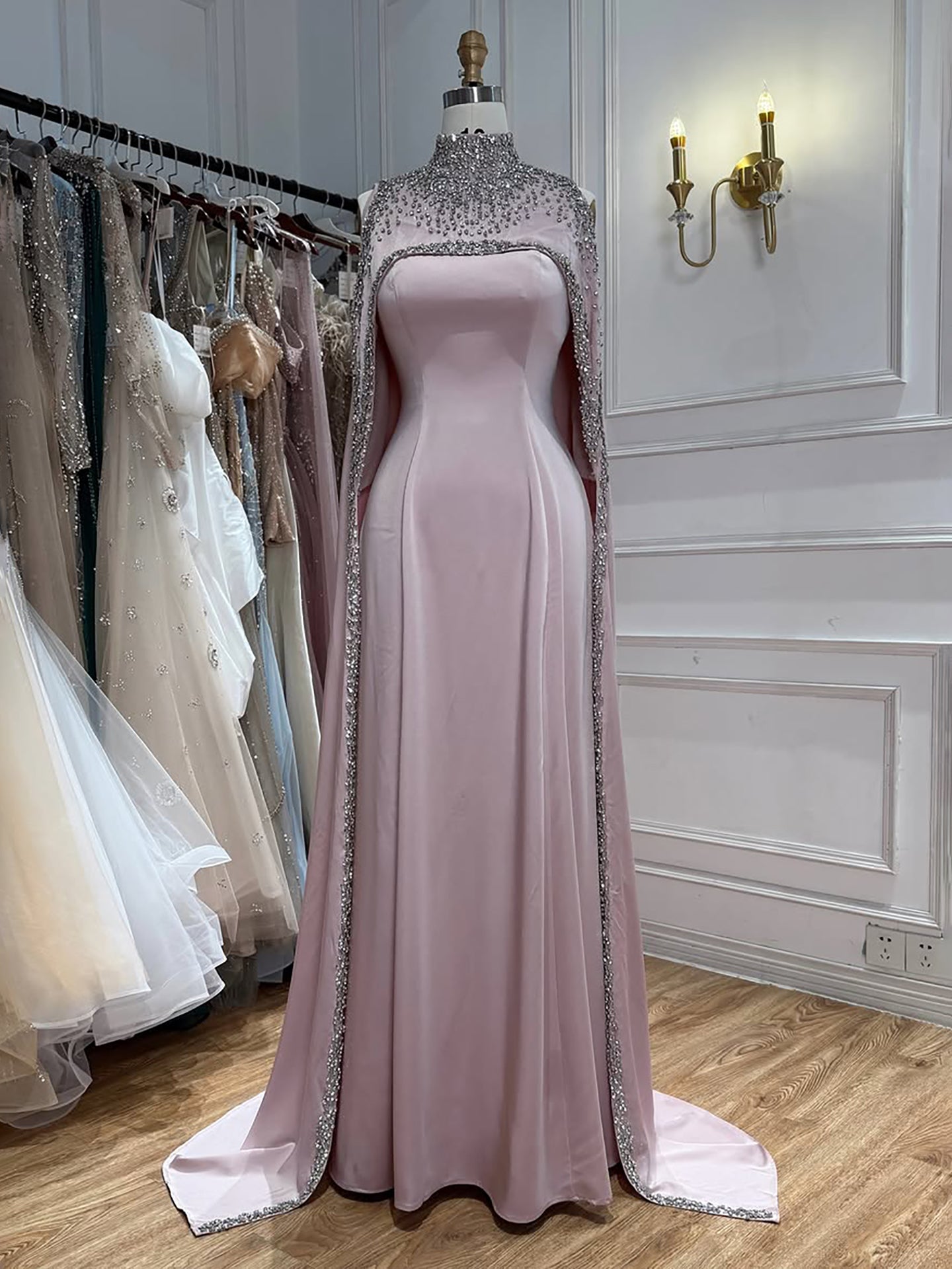 Elegant High Neck Evening Dress with Crystals and Long Cape LA73068 SERENE HILL