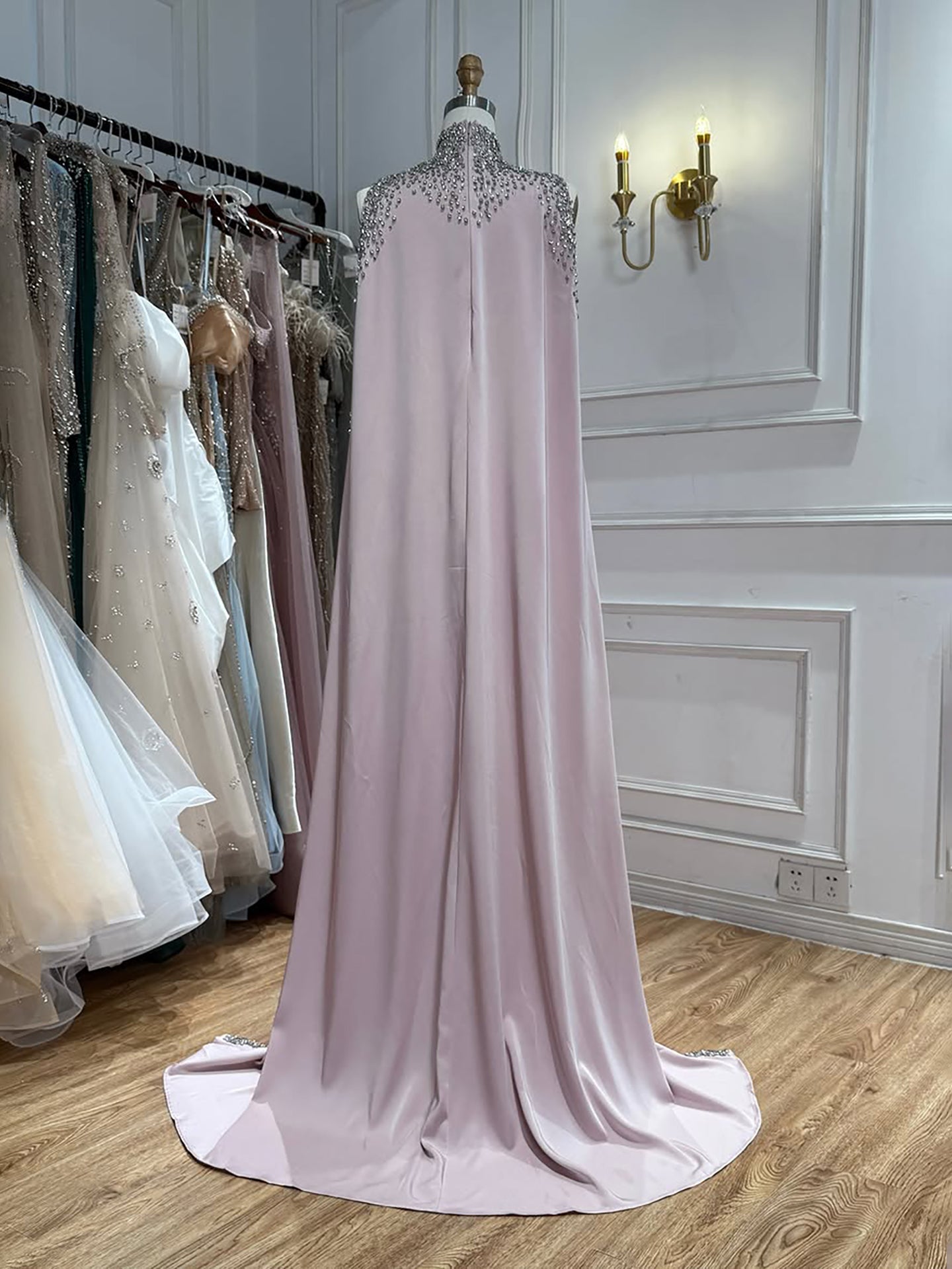 Elegant High Neck Evening Dress with Crystals and Long Cape LA73068 SERENE HILL