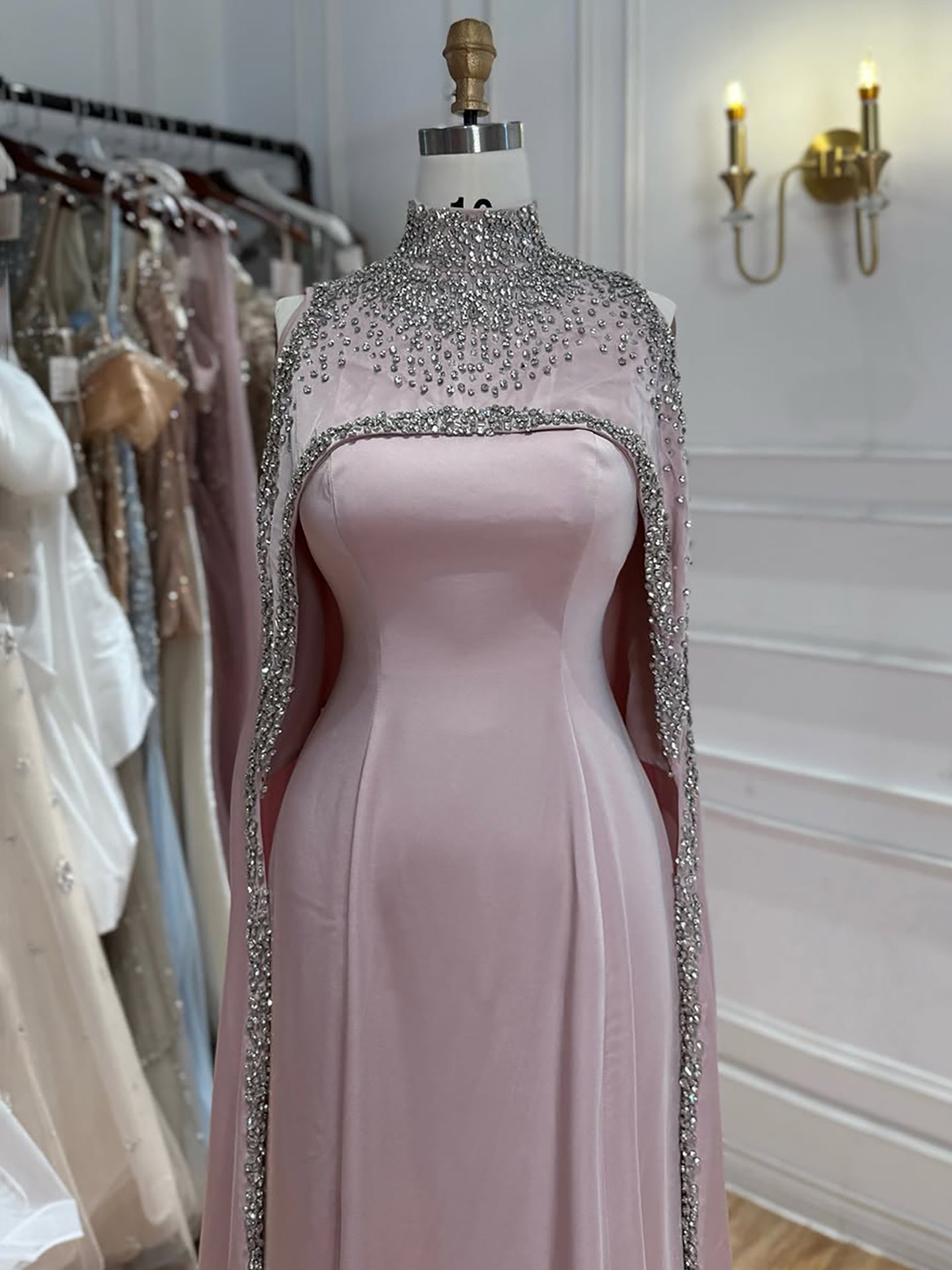 Elegant High Neck Evening Dress with Crystals and Long Cape LA73068 SERENE HILL