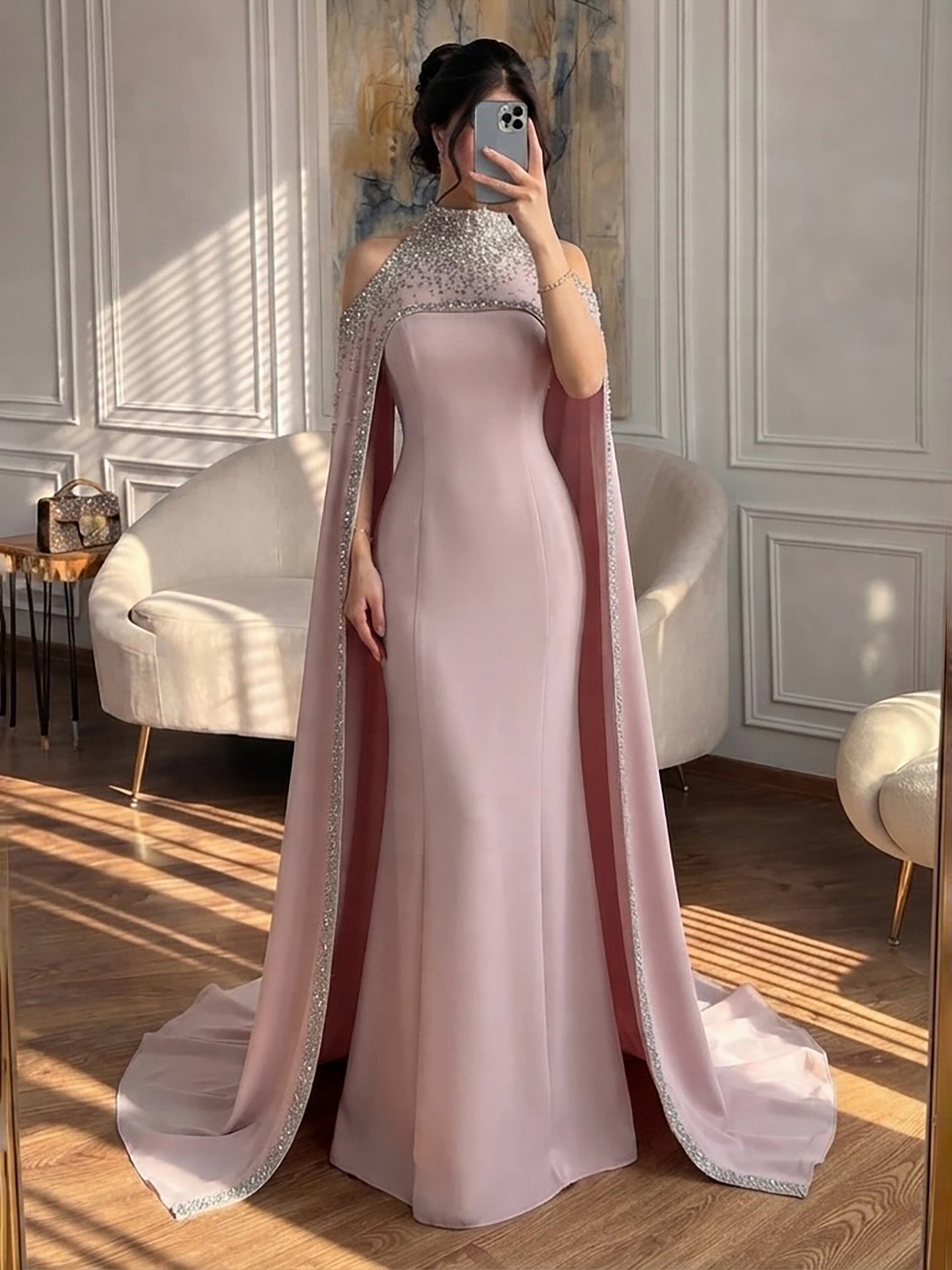 Elegant High Neck Evening Dress with Crystals and Long Cape LA73068 SERENE HILL