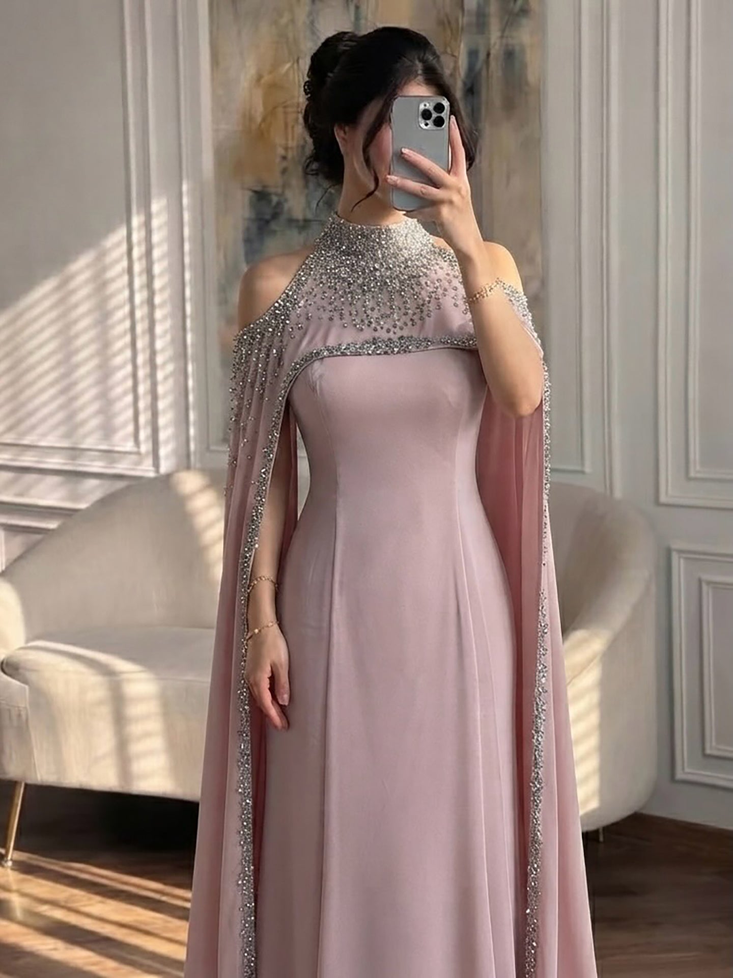 Elegant High Neck Evening Dress with Crystals and Long Cape LA73068 SERENE HILL