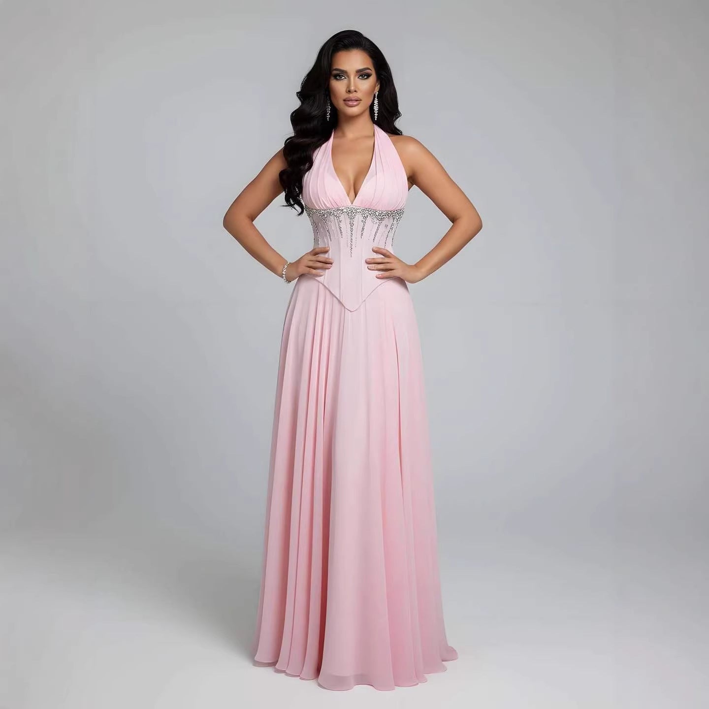 Luxury Designer Sage Green Chiffon Halter Beaded Evening Dress LA73074