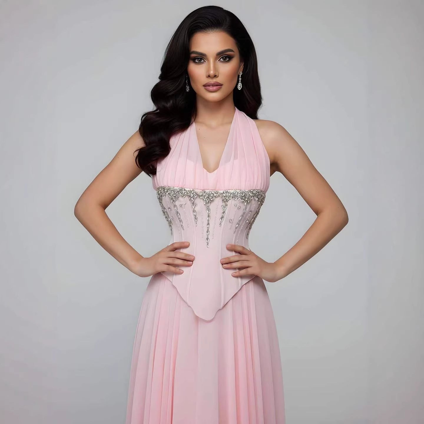 Luxury Designer Sage Green Chiffon Halter Beaded Evening Dress LA73074