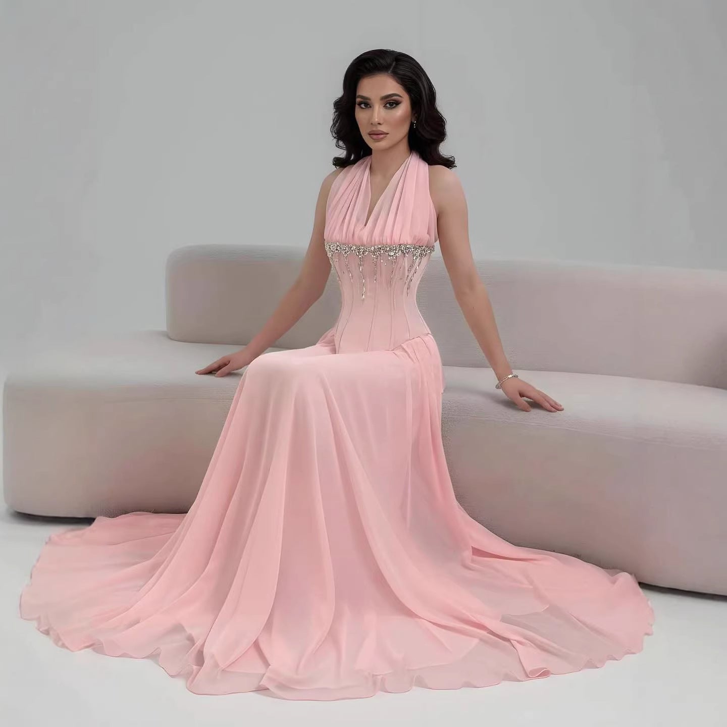 Luxury Designer Sage Green Chiffon Halter Beaded Evening Dress LA73074