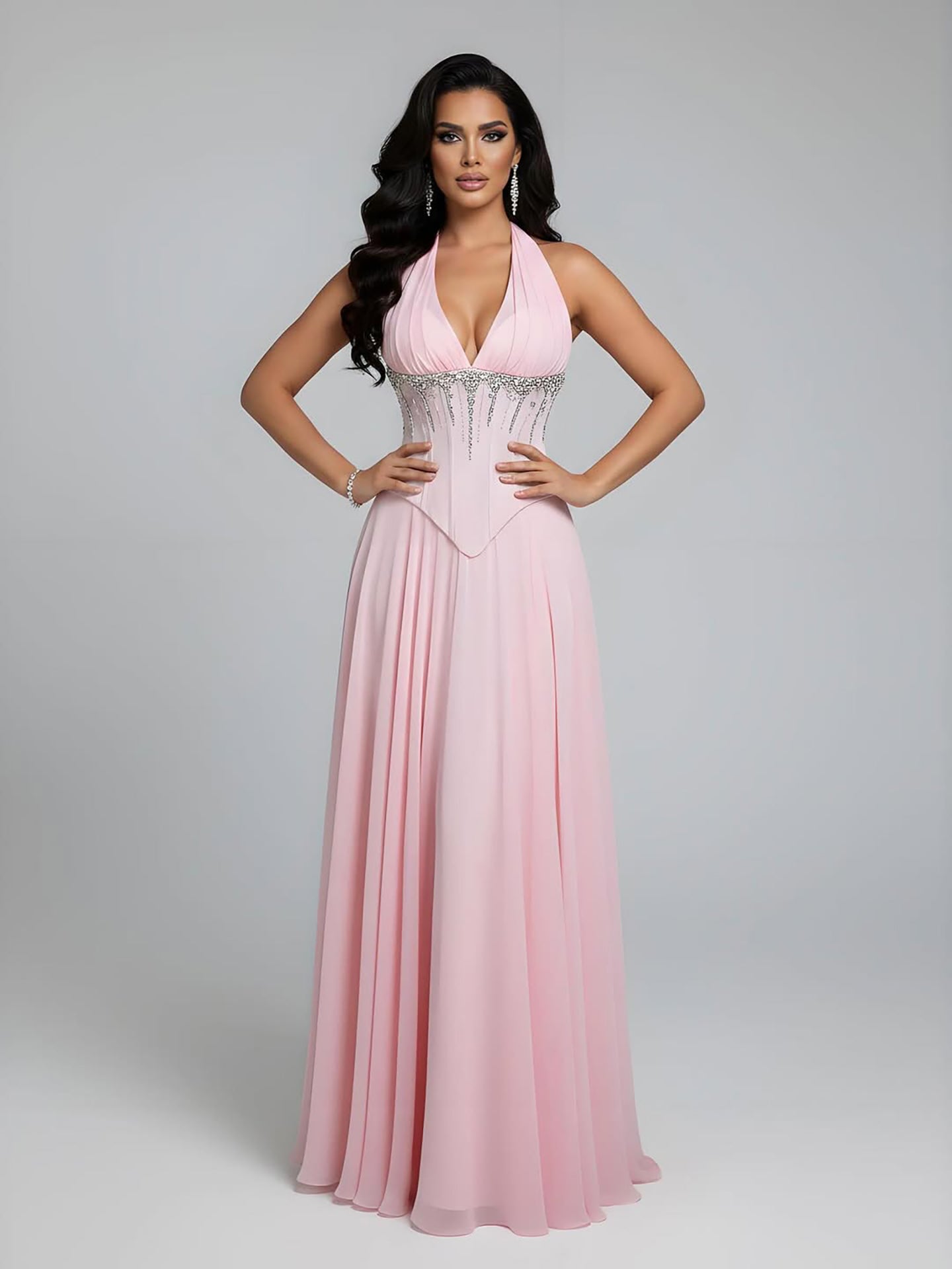 Luxury Designer Sage Green Chiffon Halter Beaded Evening Dress LA73074
