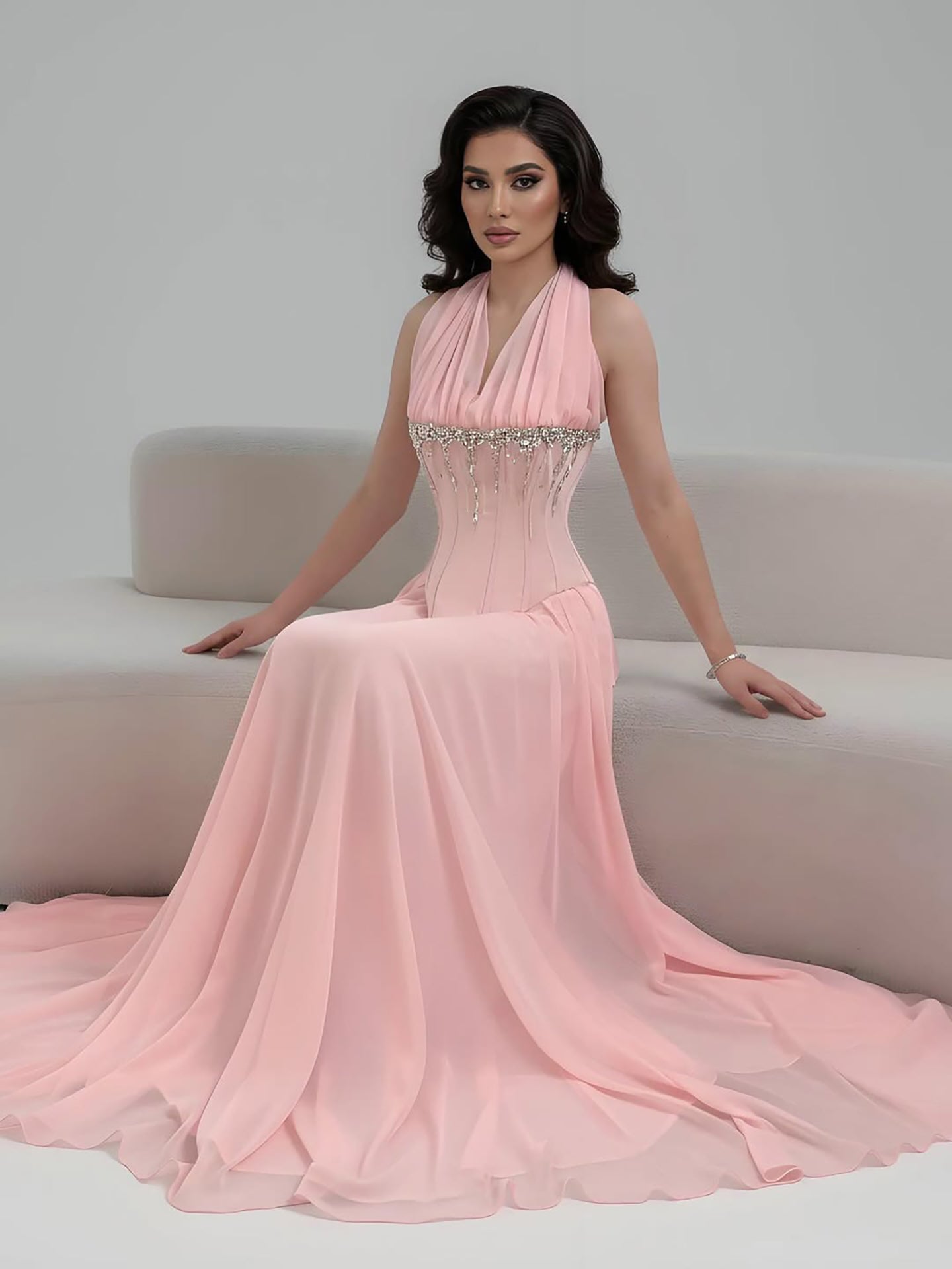Luxury Designer Sage Green Chiffon Halter Beaded Evening Dress LA73074