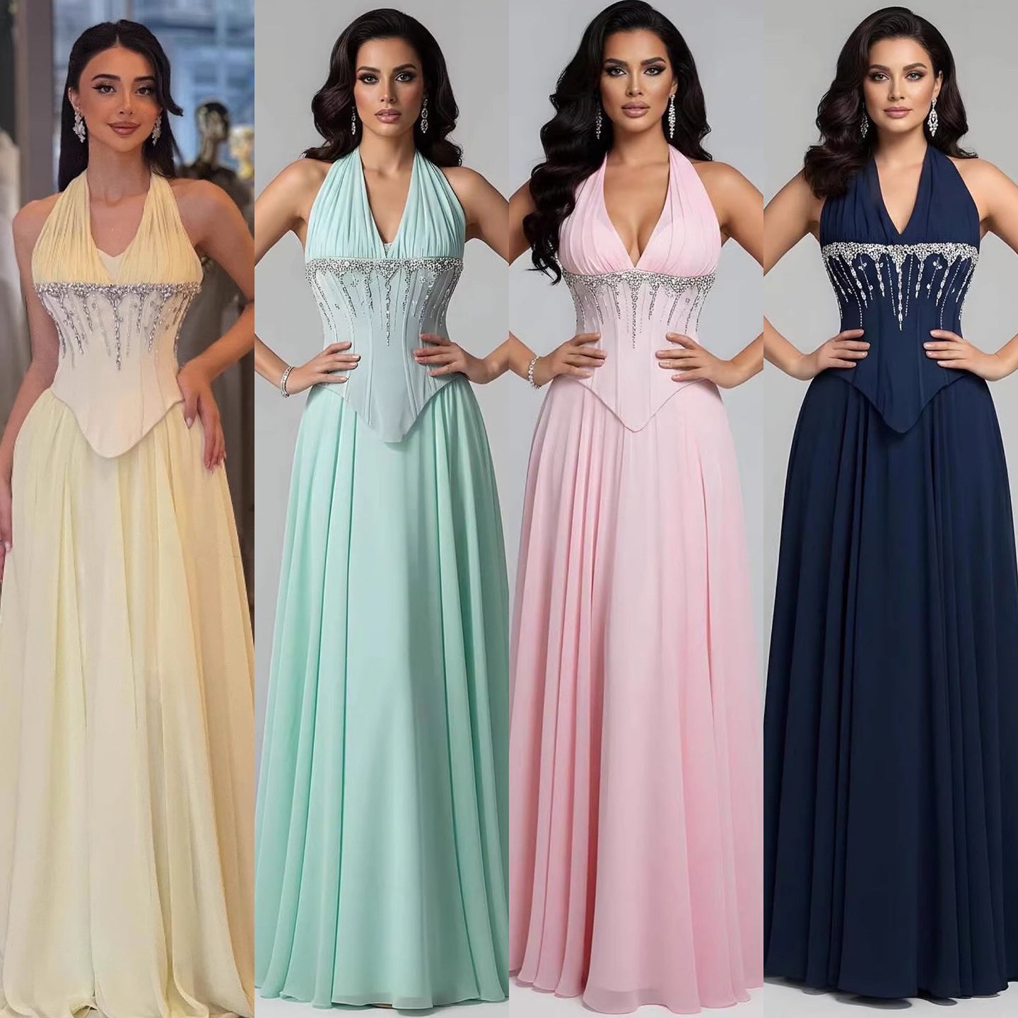 Luxury Designer Sage Green Chiffon Halter Beaded Evening Dress LA73074