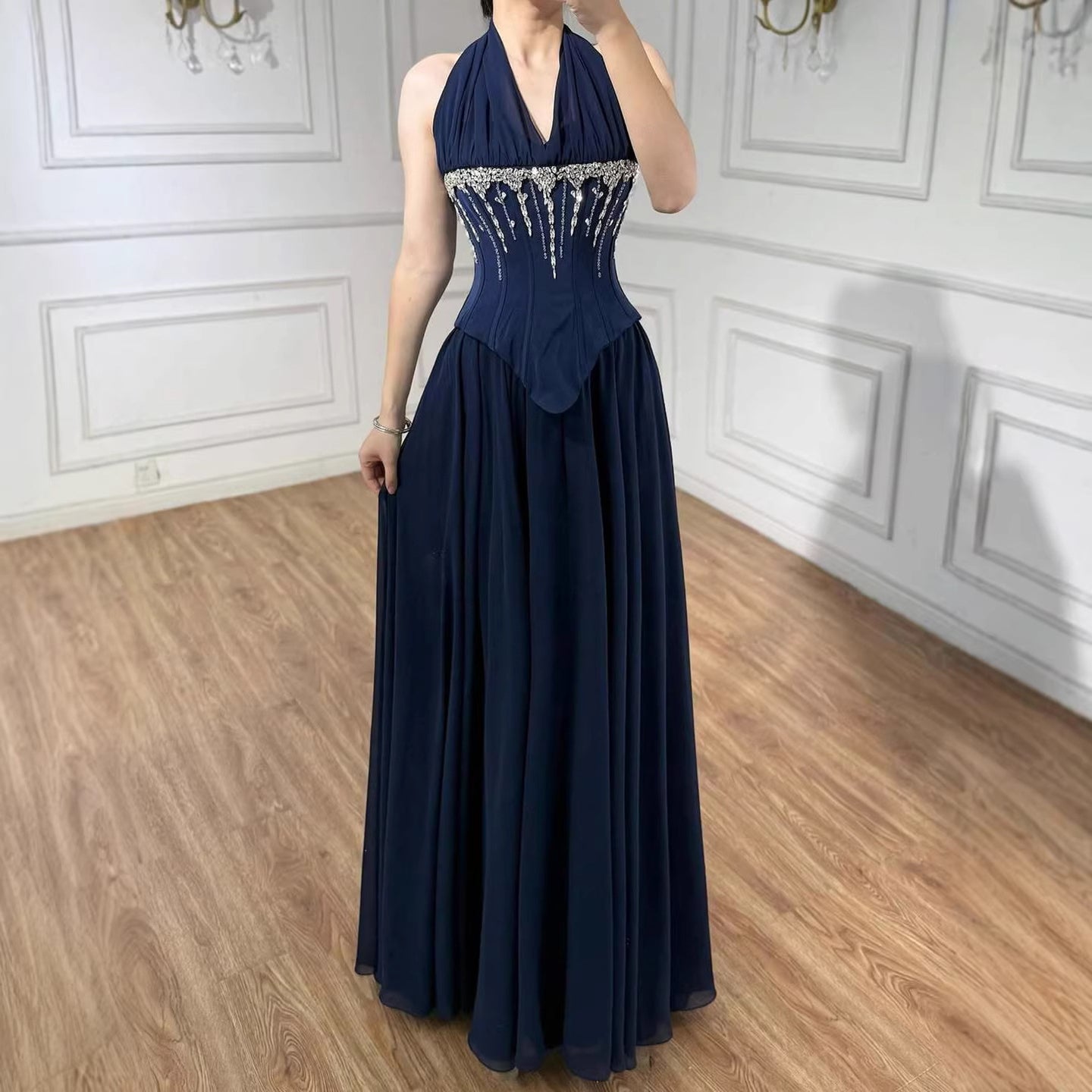 Luxury Designer Sage Green Chiffon Halter Beaded Evening Dress LA73074 - SERENE HILL