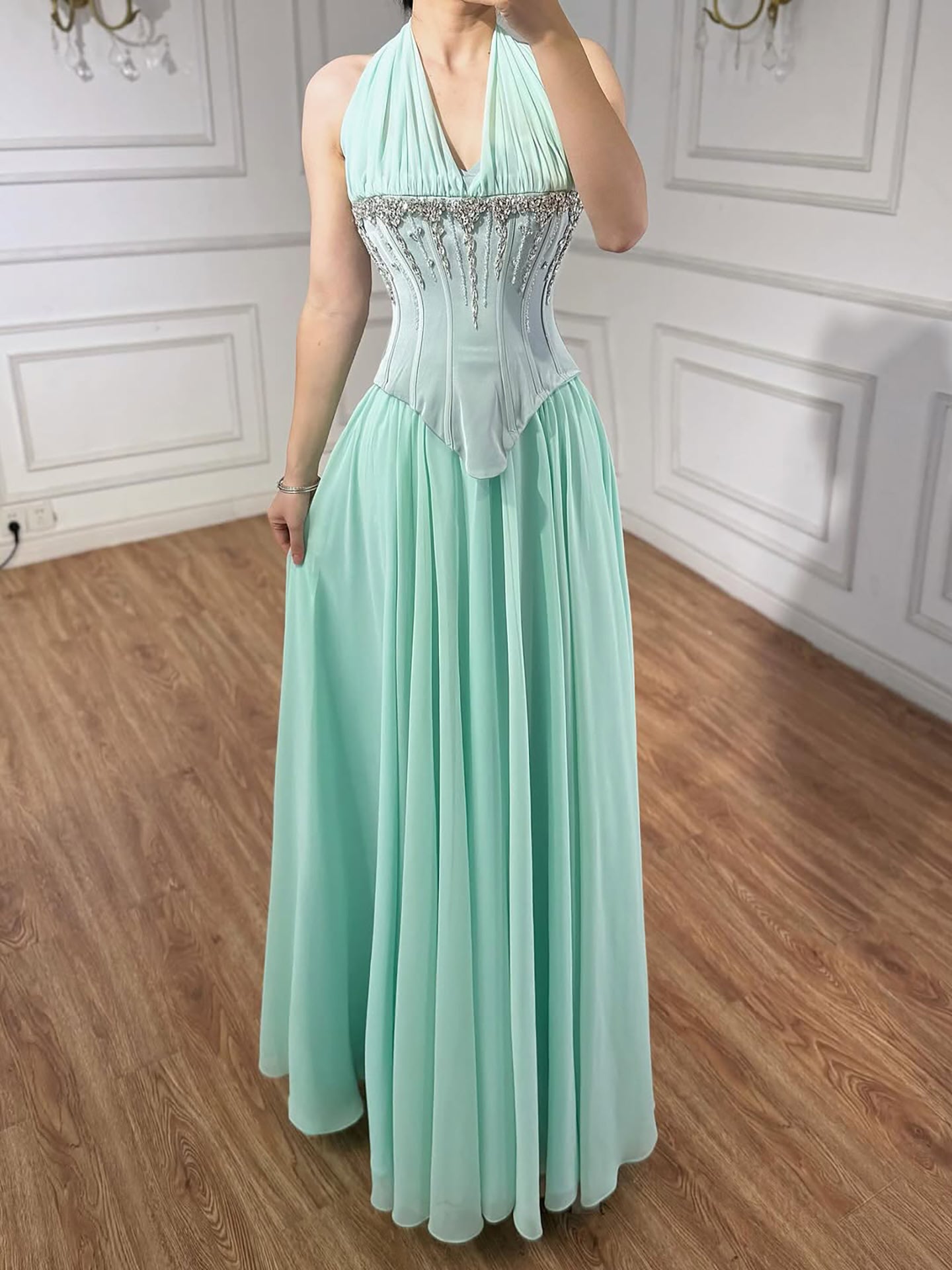 Luxury Designer Sage Green Chiffon Halter Beaded Evening Dress LA73074