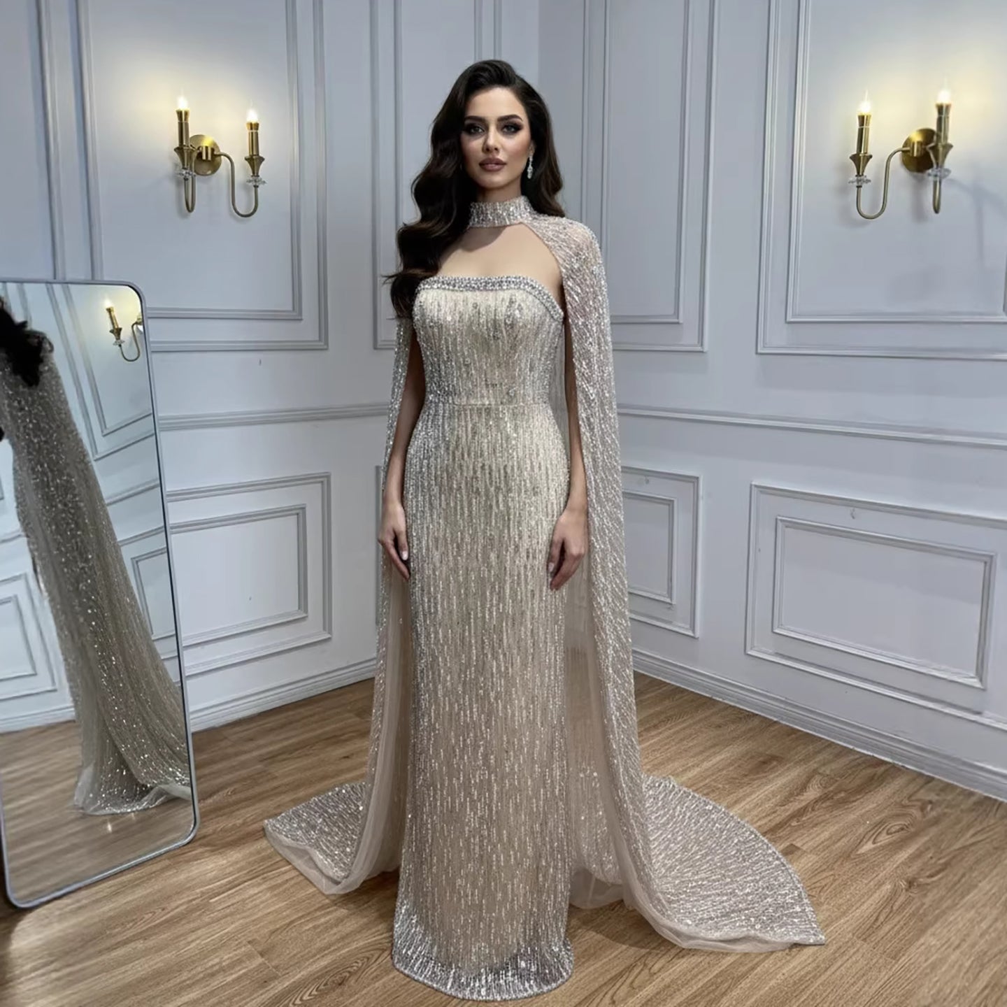 Luxury Cream Beaded Evening Dress With Cape LA73076B Cream / 16