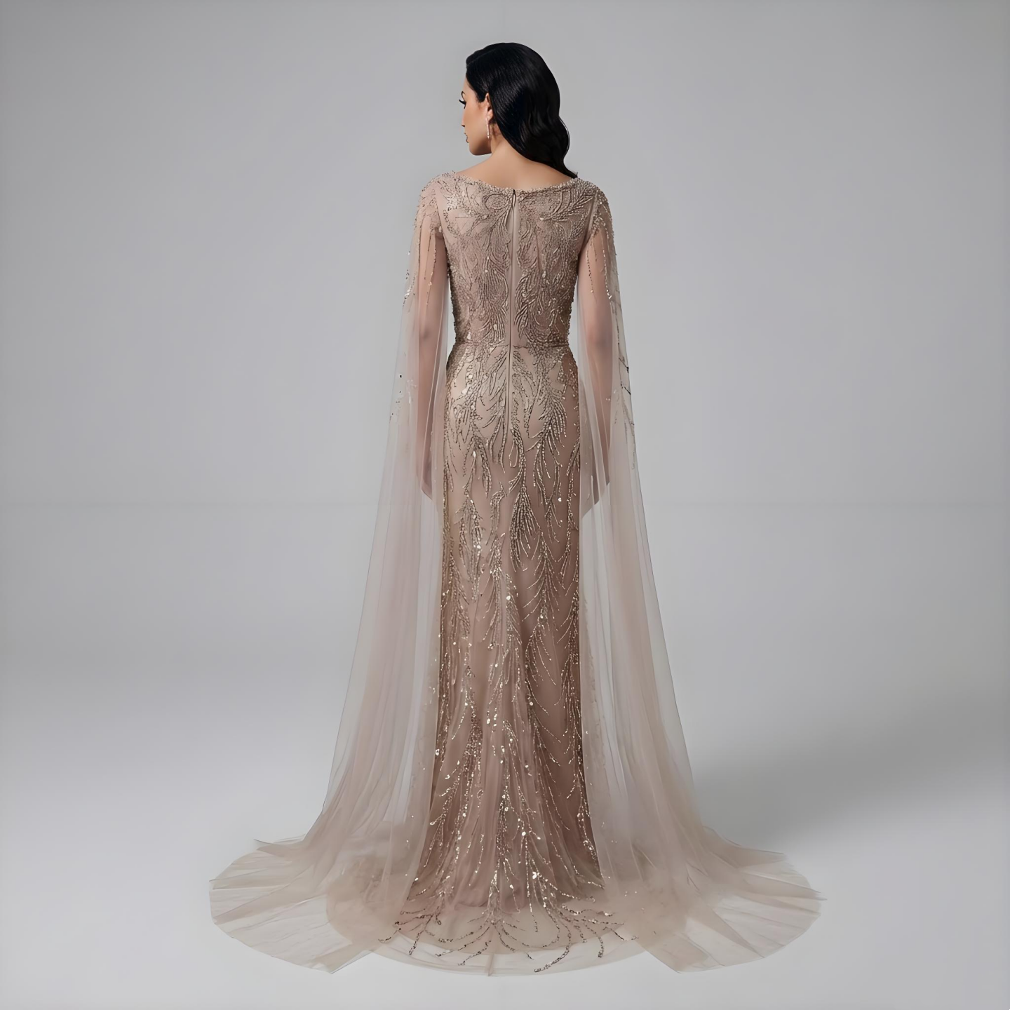 Luxury Caramel Beaded Evening Dress with Cape Sleeves LA73078 - SERENE HILL