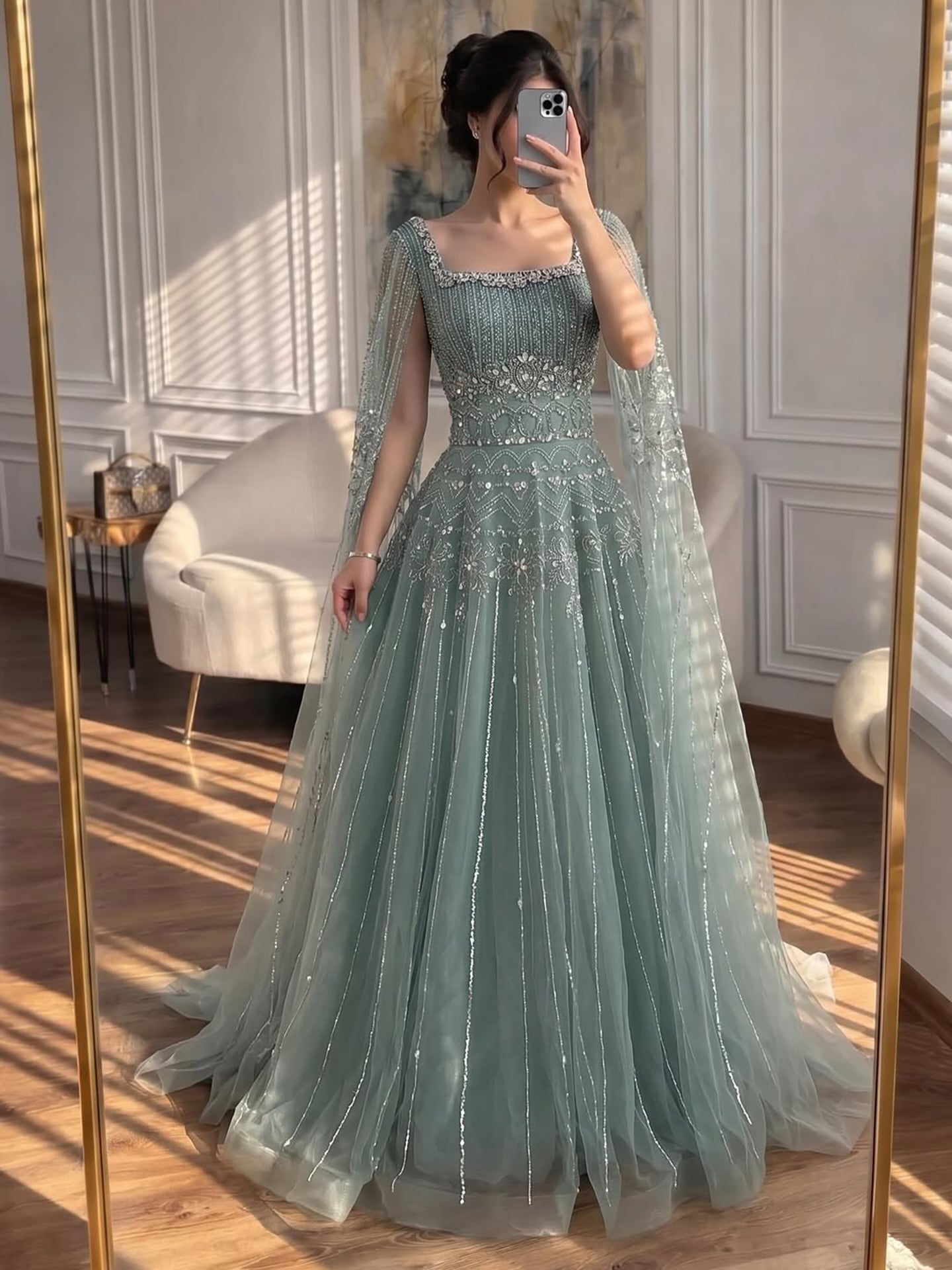 Luxury Caramel A-Line Beaded Evening Dress with Cape Sleeves LA73089A