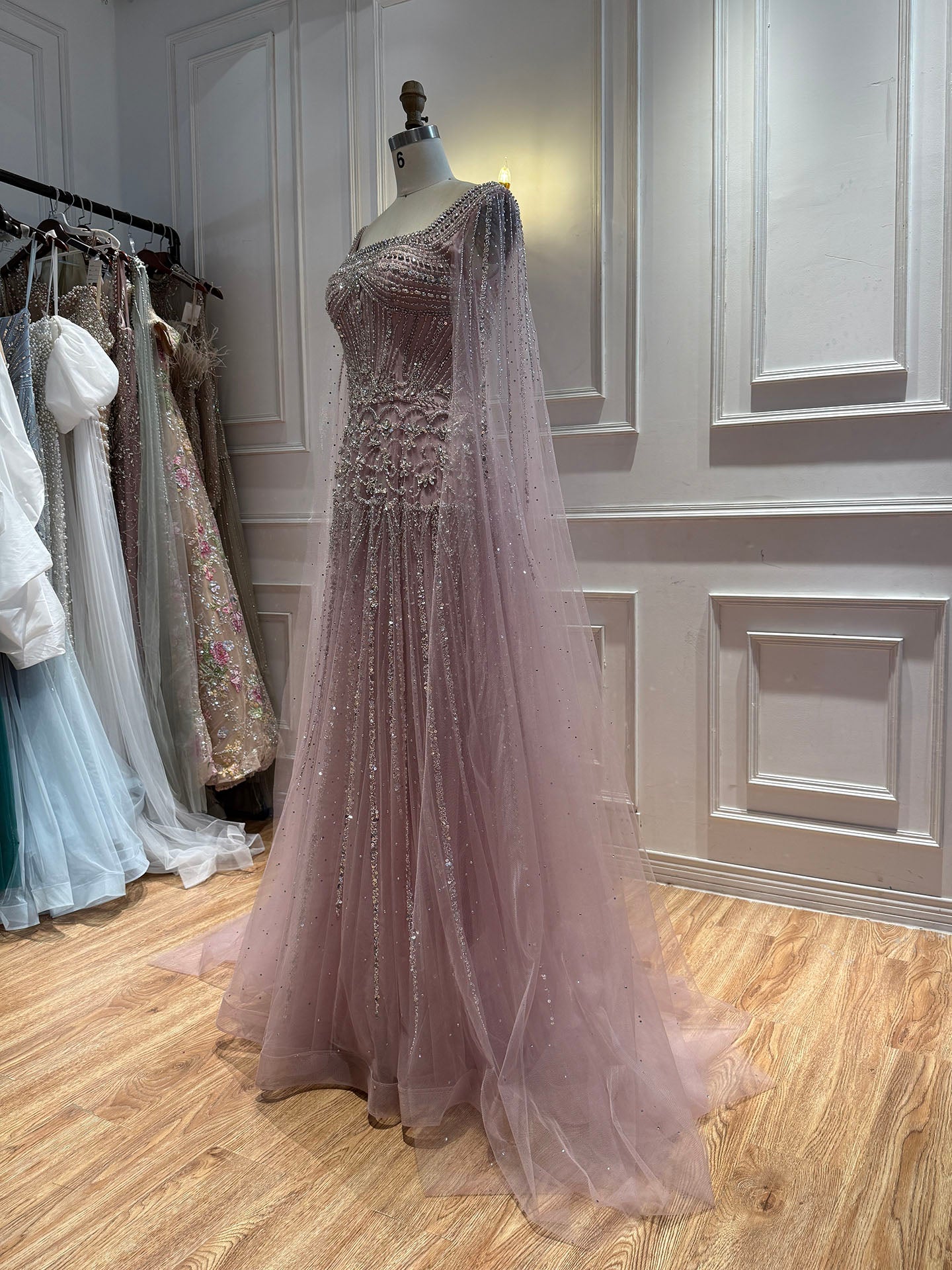Luxury Pink Crystal Beaded Cape Sleeves A Line Evening Dress LA73089C SERENE HILL
