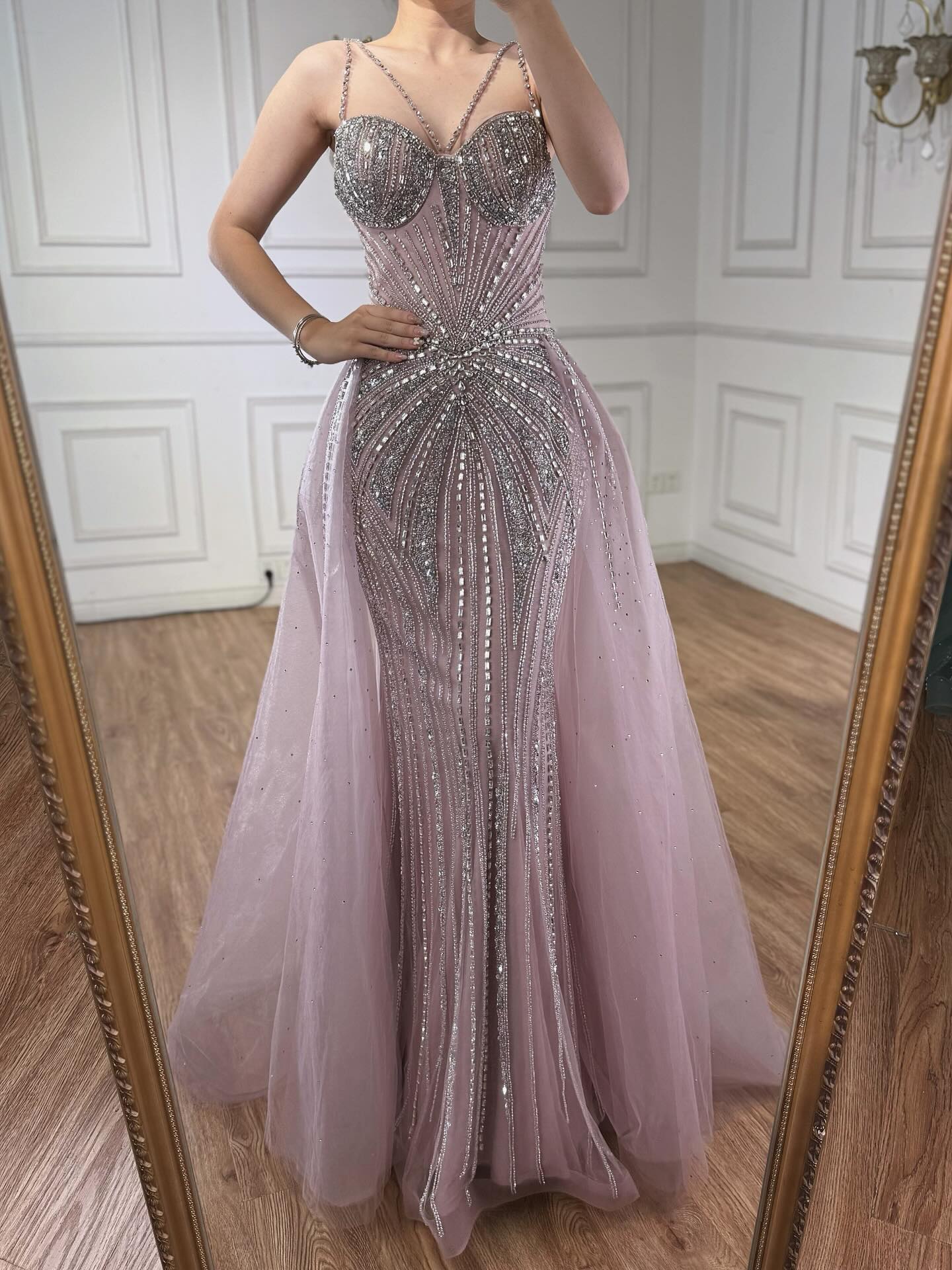 Luxury Nude Spaghetti Strap Mermaid Evening Dress with Overskirt Beaded LA73090 SERENE HILL