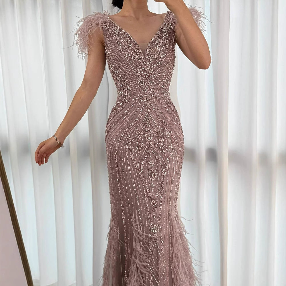 Luxury Designer Pink Feather Beaded Mermaid Evening Dress LA73098 SERENE HILL