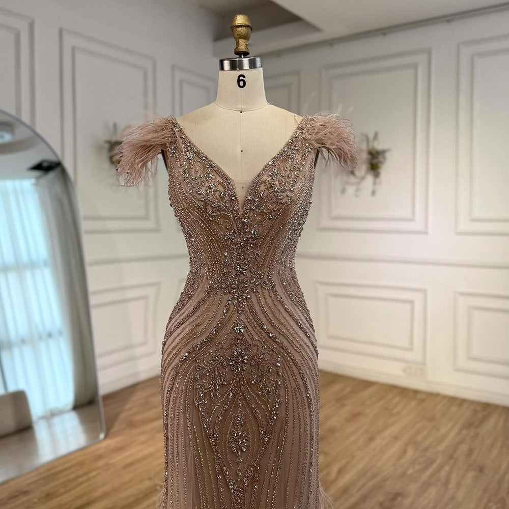 Luxury Designer Pink Feather Beaded Mermaid Evening Dress LA73098 SERENE HILL