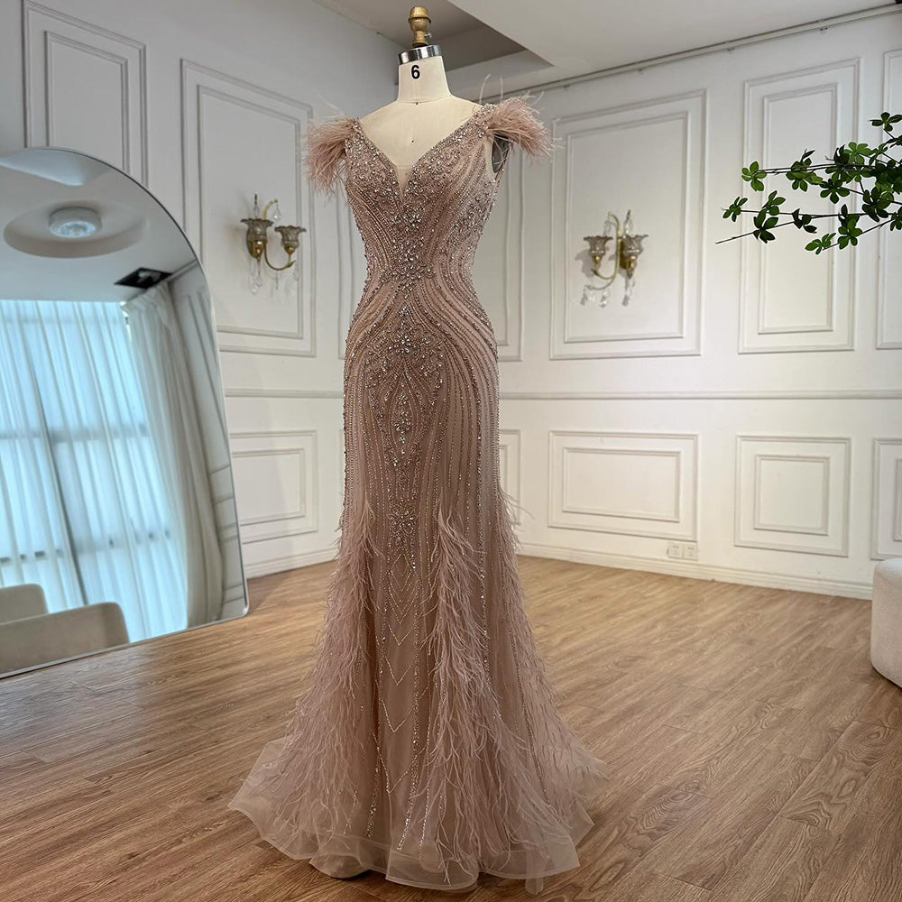 Luxury Designer Pink Feather Beaded Mermaid Evening Dress LA73098 SERENE HILL