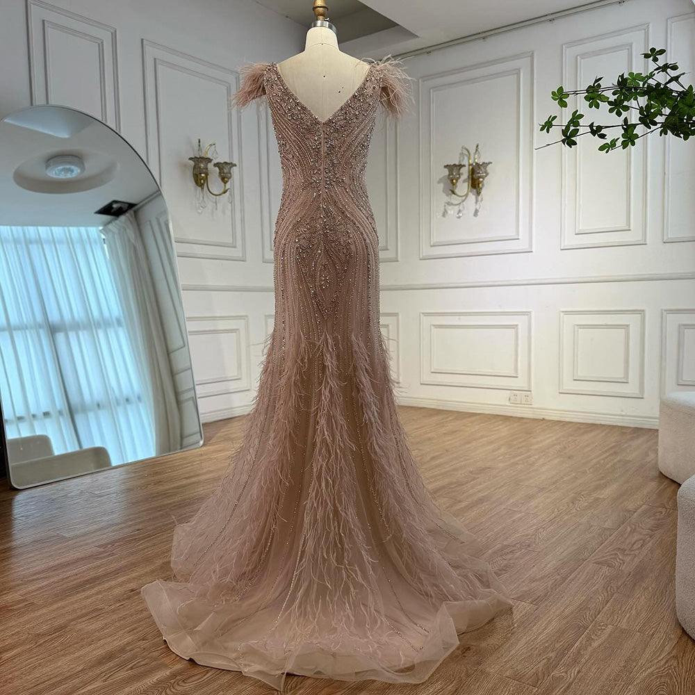 Luxury Designer Pink Feather Beaded Mermaid Evening Dress LA73098 SERENE HILL