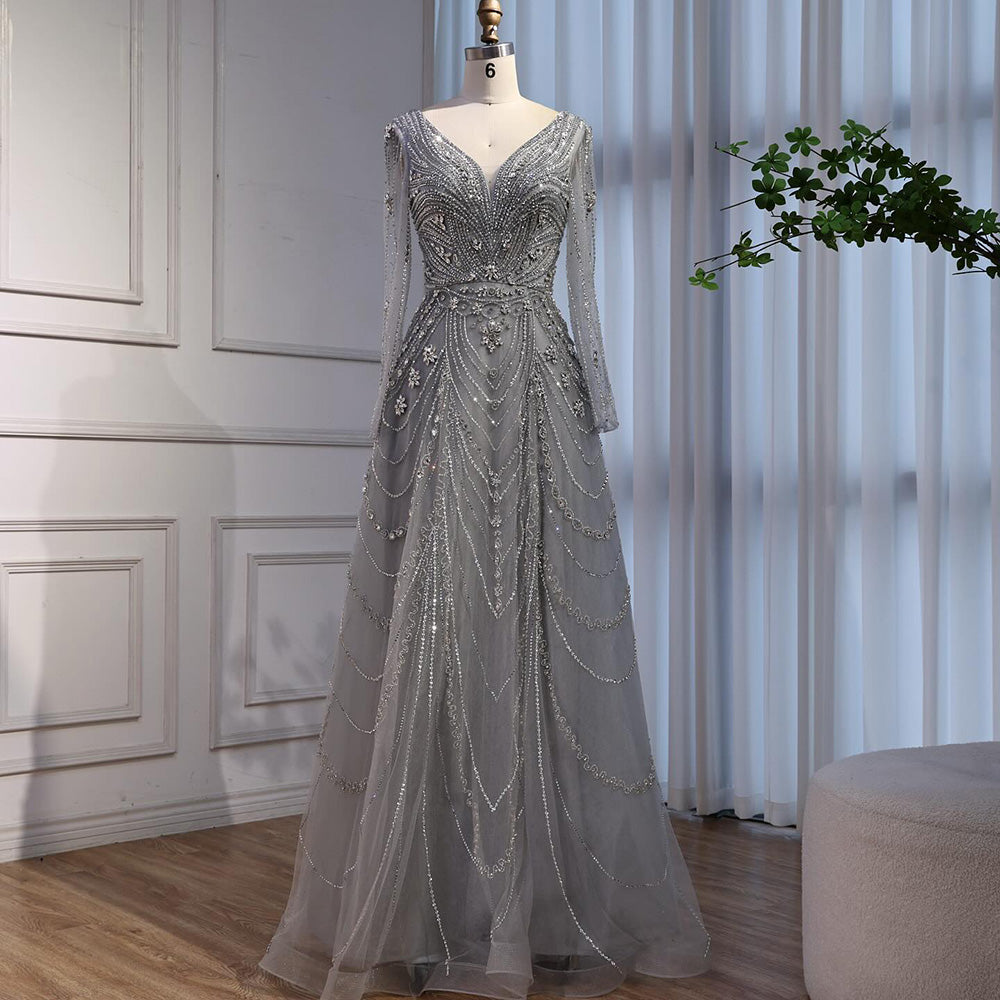 Luxury Pink Beaded A-Line Evening Dress with V Neck & Long Sleeves LA73114