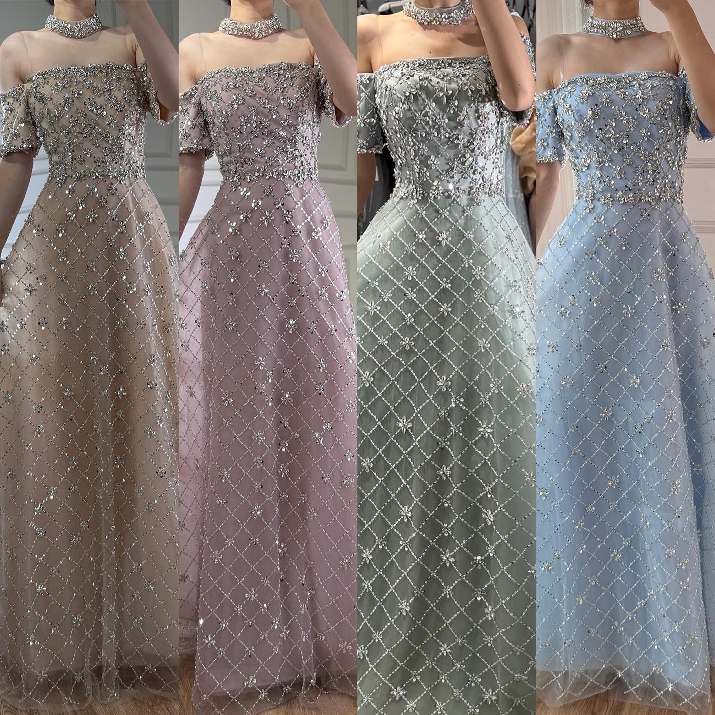 Luxury Nude Sliver Off Shoulder Beaded Crystal A-Line Evening Dress LA73122 SERENE HILL