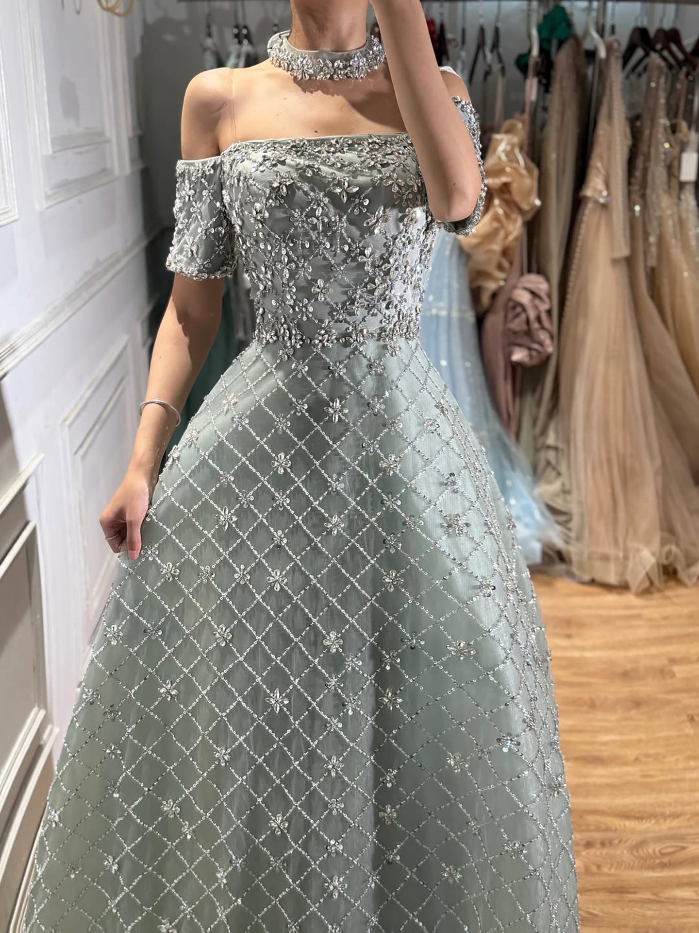 Luxury Nude Sliver Off Shoulder Beaded Crystal A-Line Evening Dress LA73122 SERENE HILL