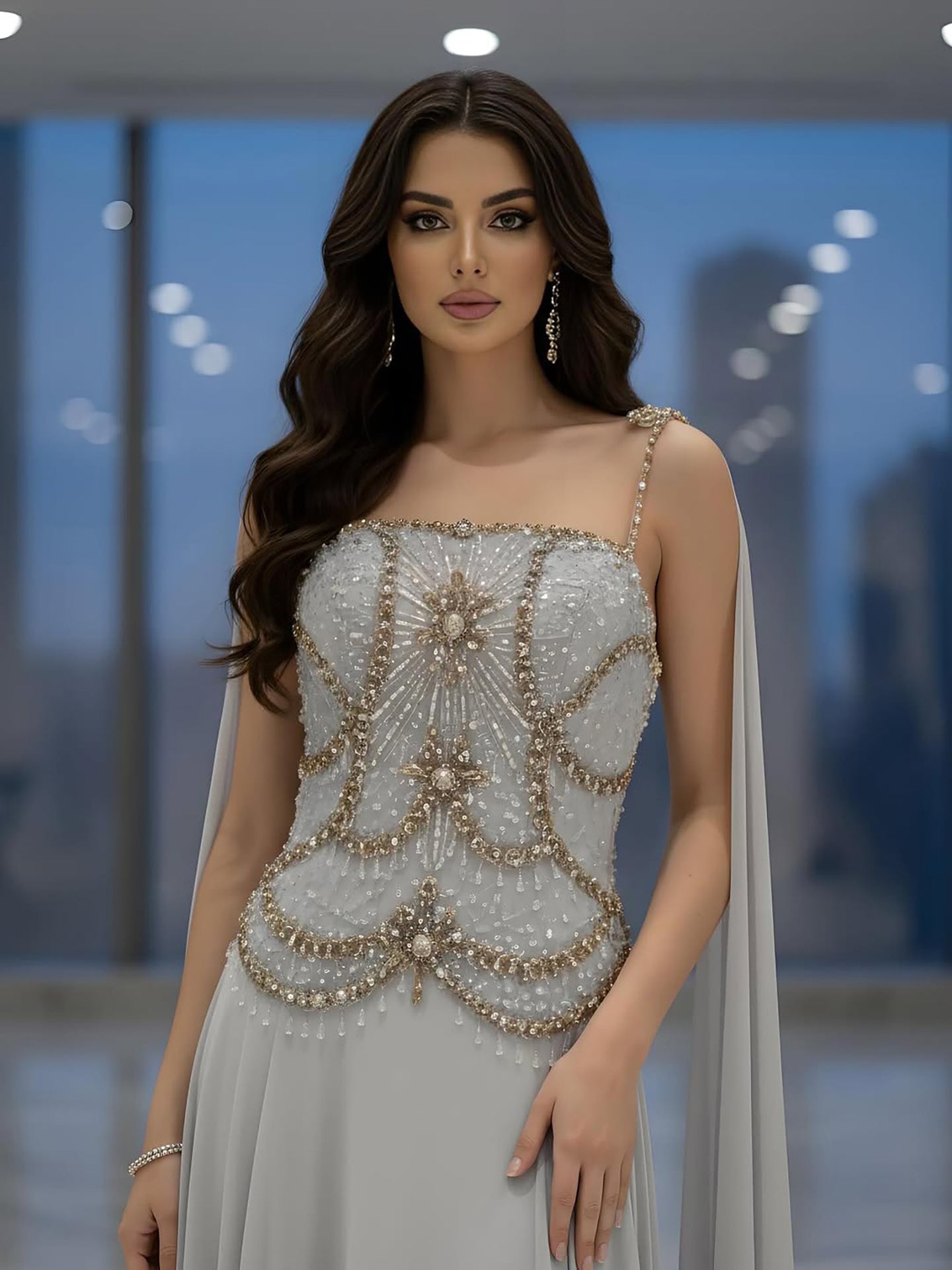 Luxury Gray Chiffon Cape Evening Dress with Beaded Bodice LA73123 - SERENE HILL