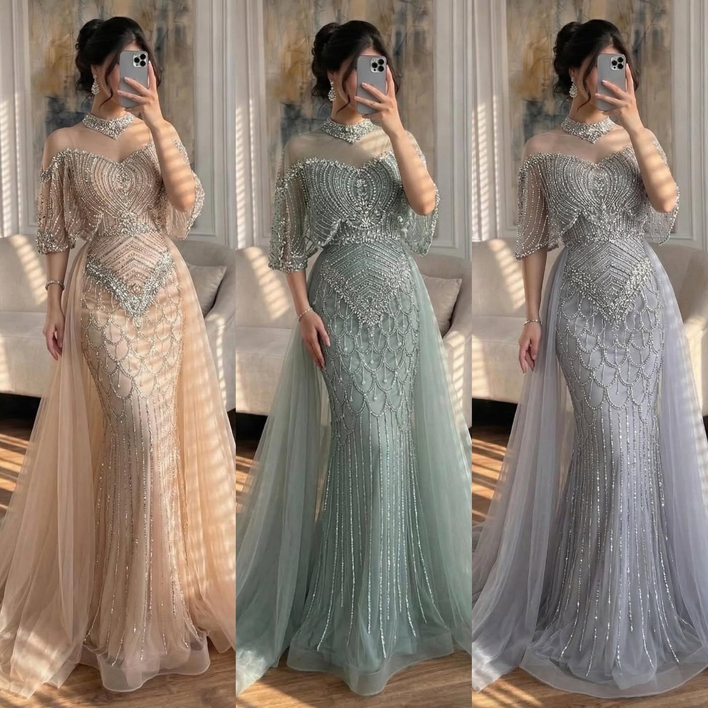 Luxury Gray Beaded Evening Dress with Overskirt LA73129 - SERENE HILL