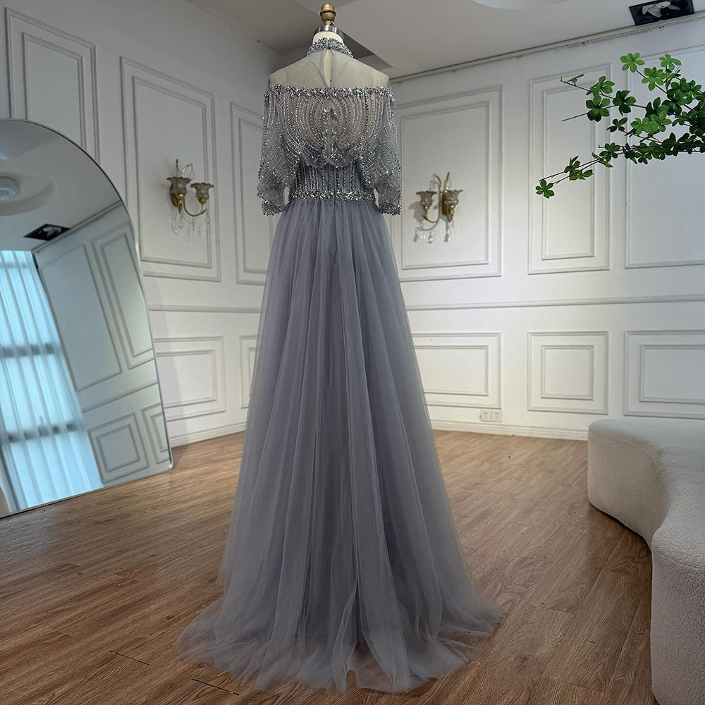Luxury Gray Beaded Evening Dress with Overskirt LA73129 - SERENE HILL