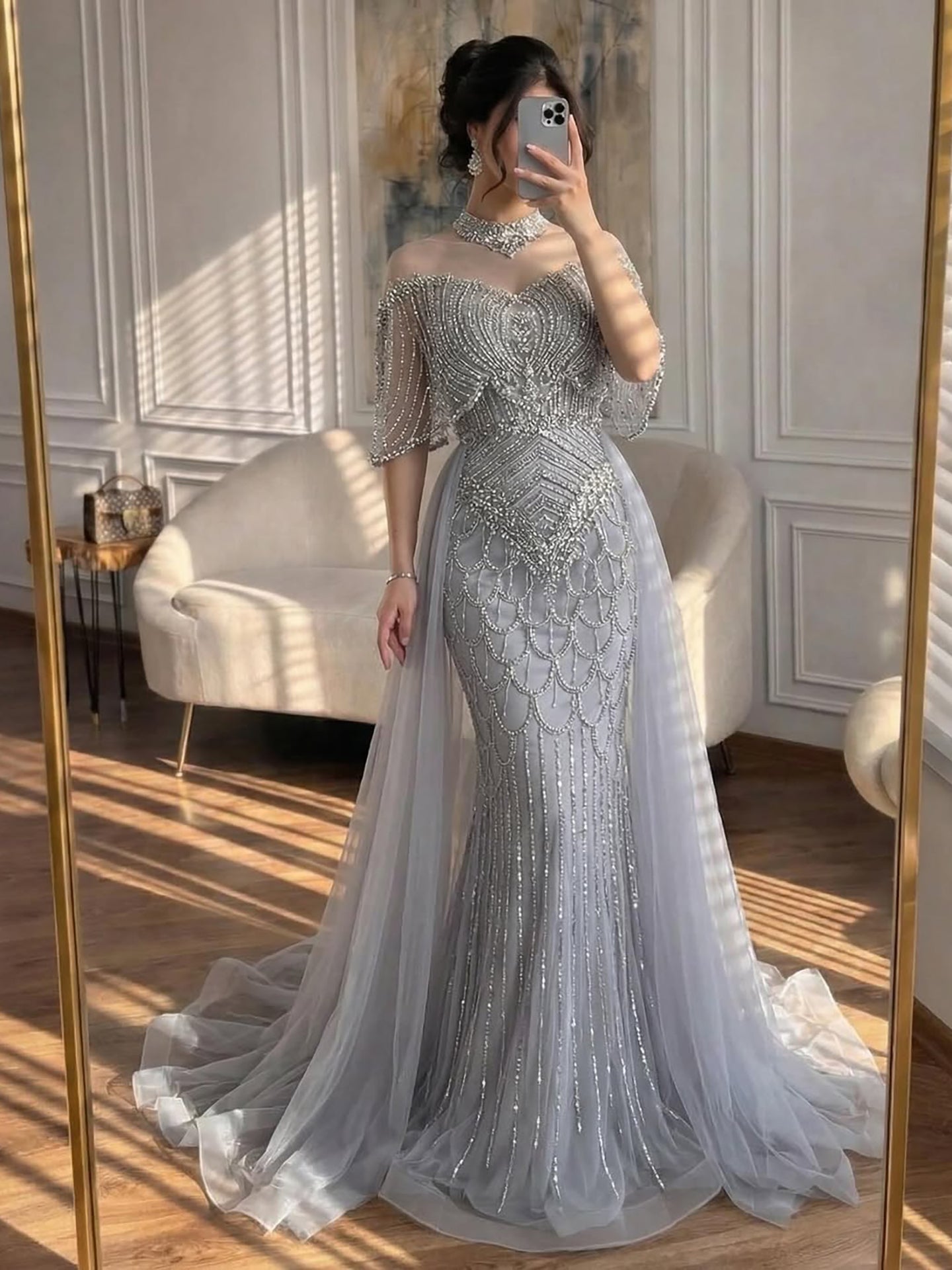 Luxury Gray Beaded Evening Dress with Overskirt LA73129 - SERENE HILL