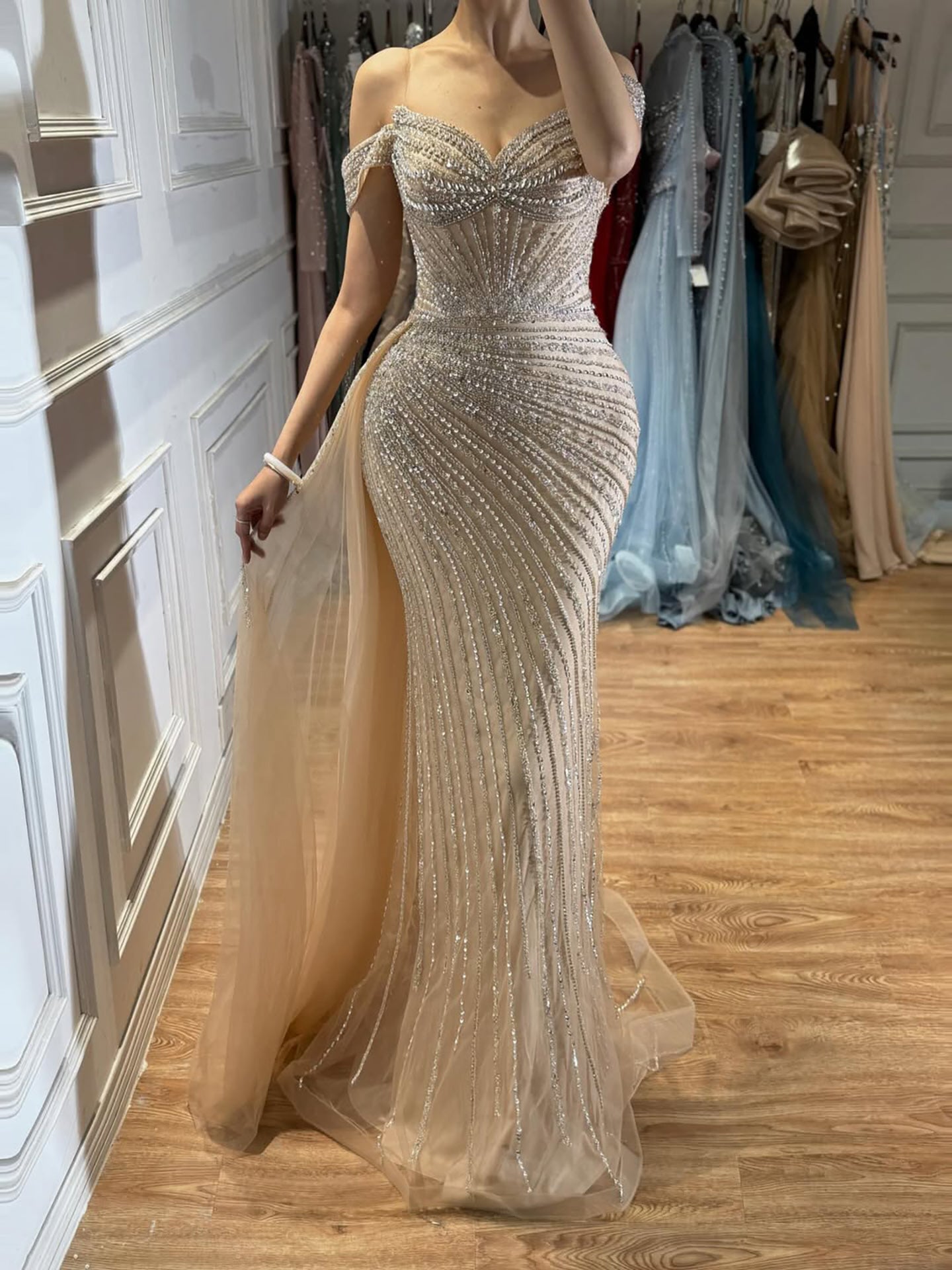 Luxury Nude Off Shoulder Beaded Mermaid Gown with Overskirt LA73139A SERENE HILL