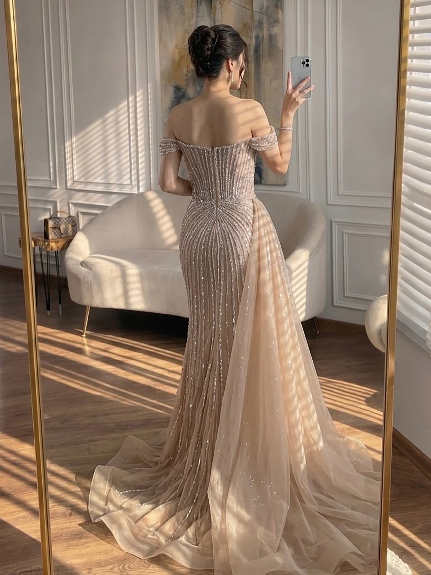 Luxury Nude Off Shoulder Beaded Mermaid Gown with Overskirt LA73139