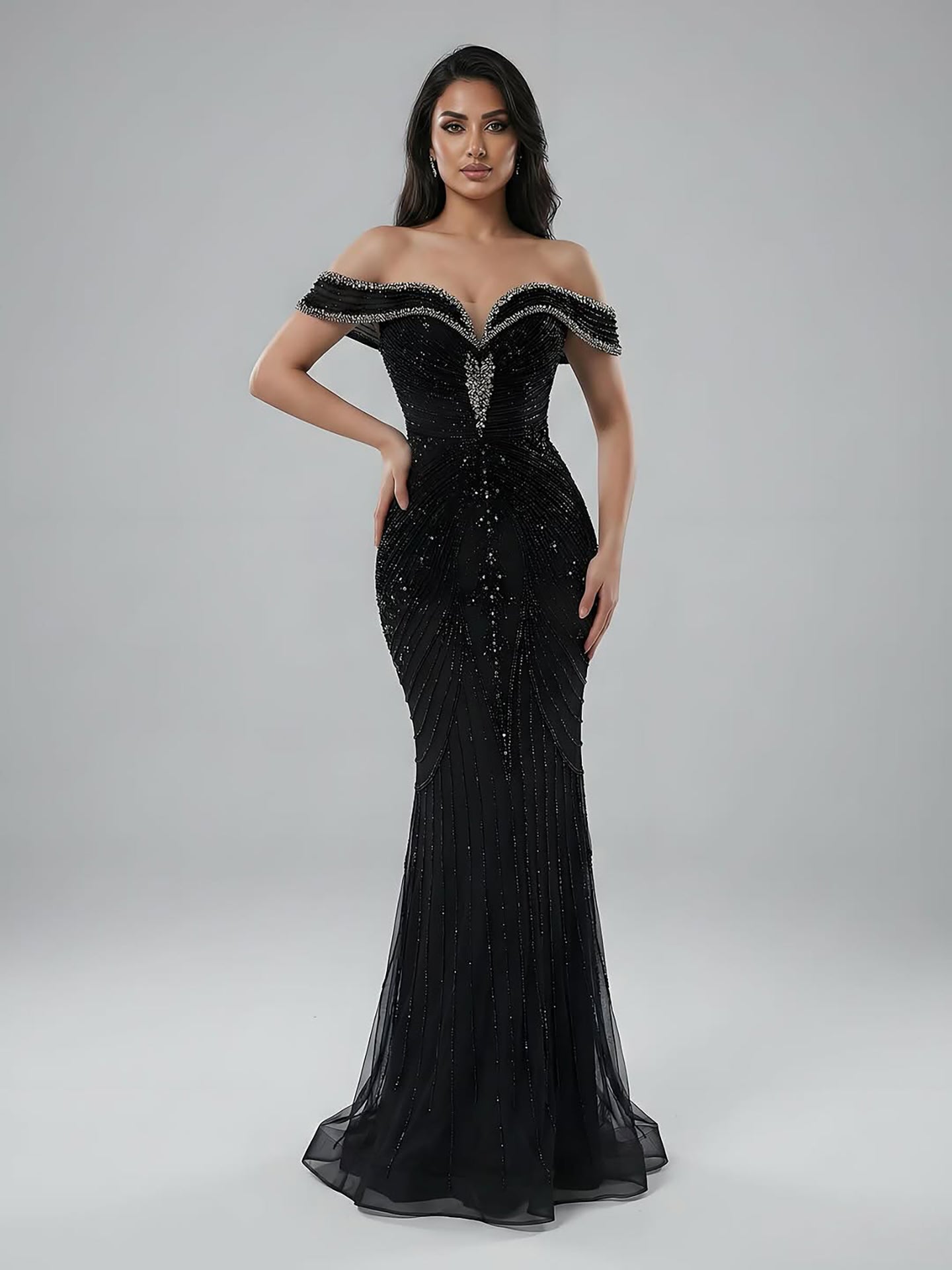 Luxury Pink Strapless Off The Shoulder Elegant Beaded Mermaid Evening Dress LA73140