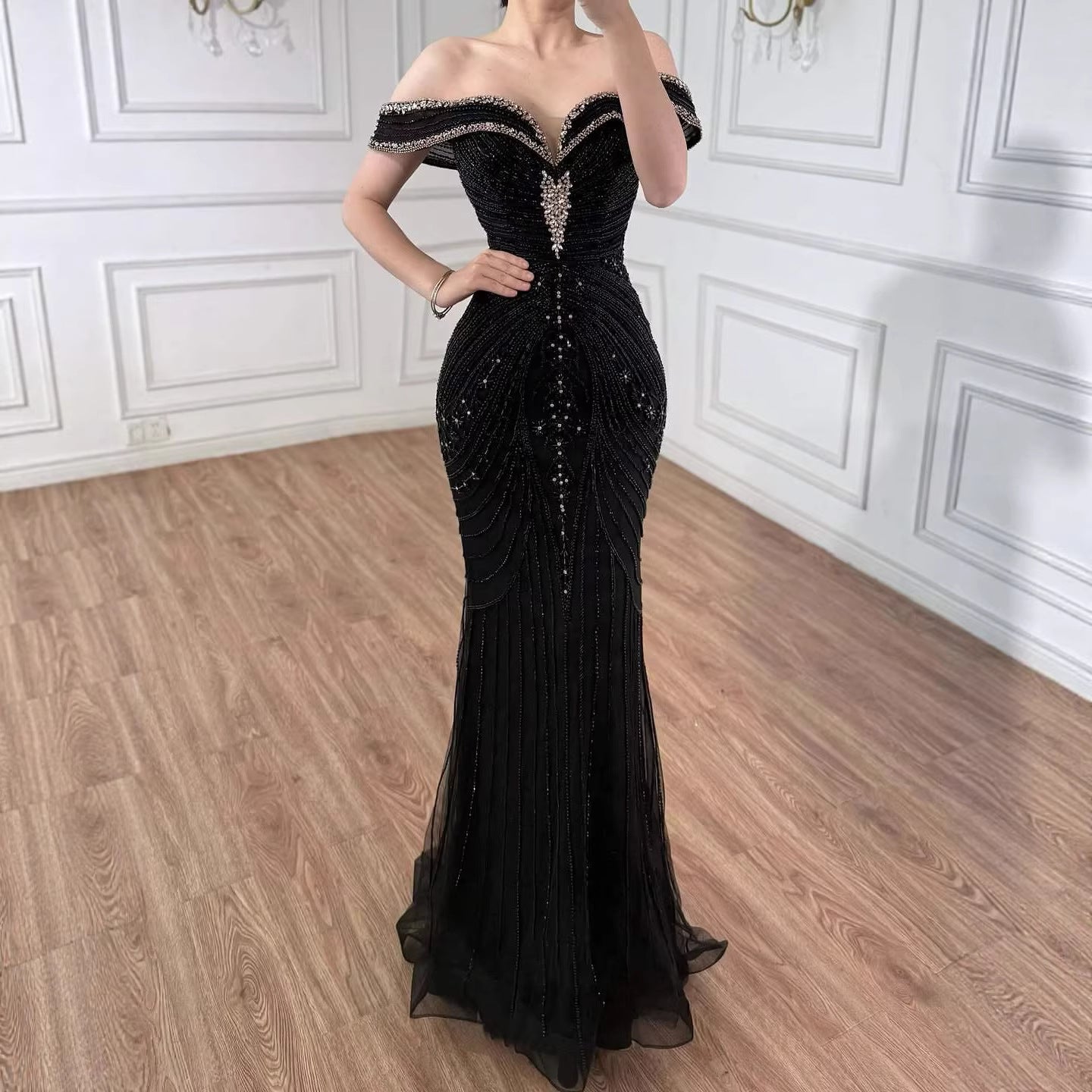 Luxury Pink Strapless Off The Shoulder Elegant Beaded Mermaid Evening Dress LA73140