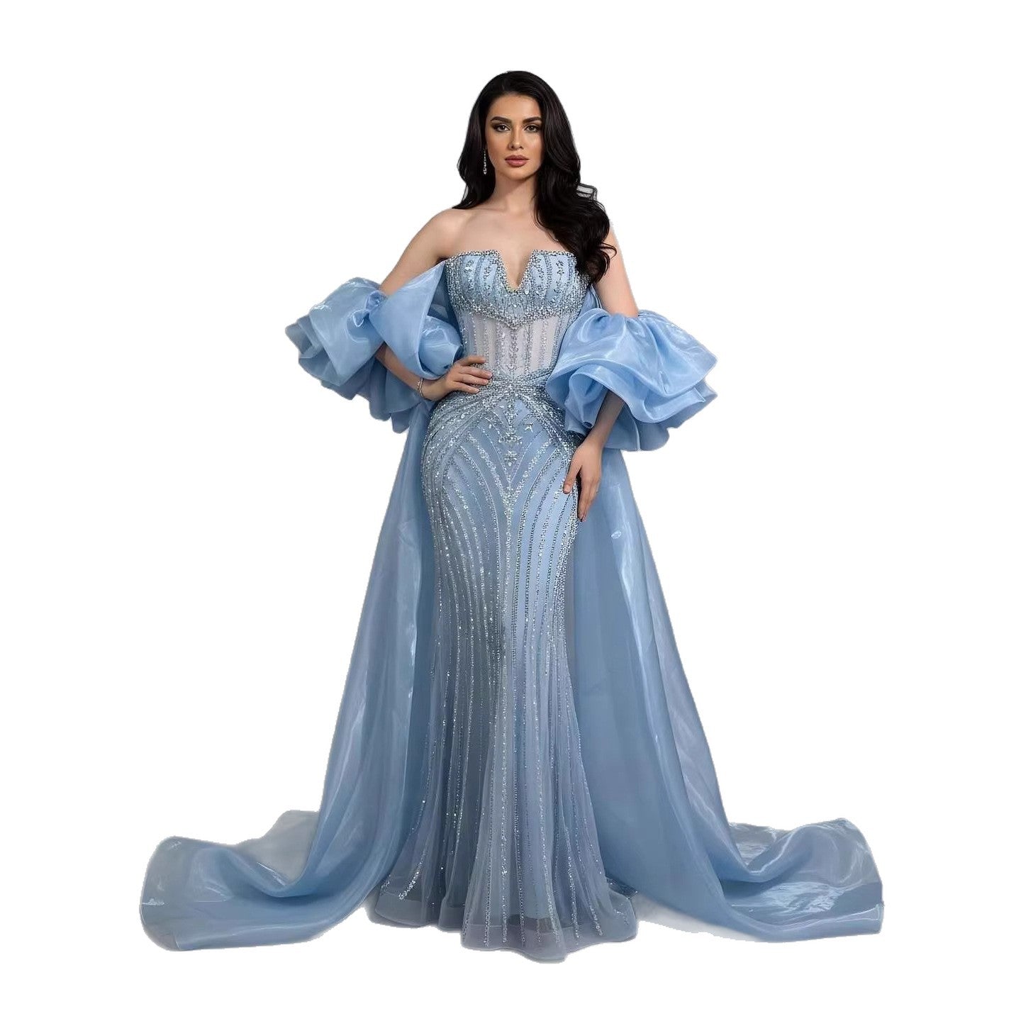 Luxury Light Blue Diamond Evening Dress With Ruffle Cape LA73141 SERENE HILL